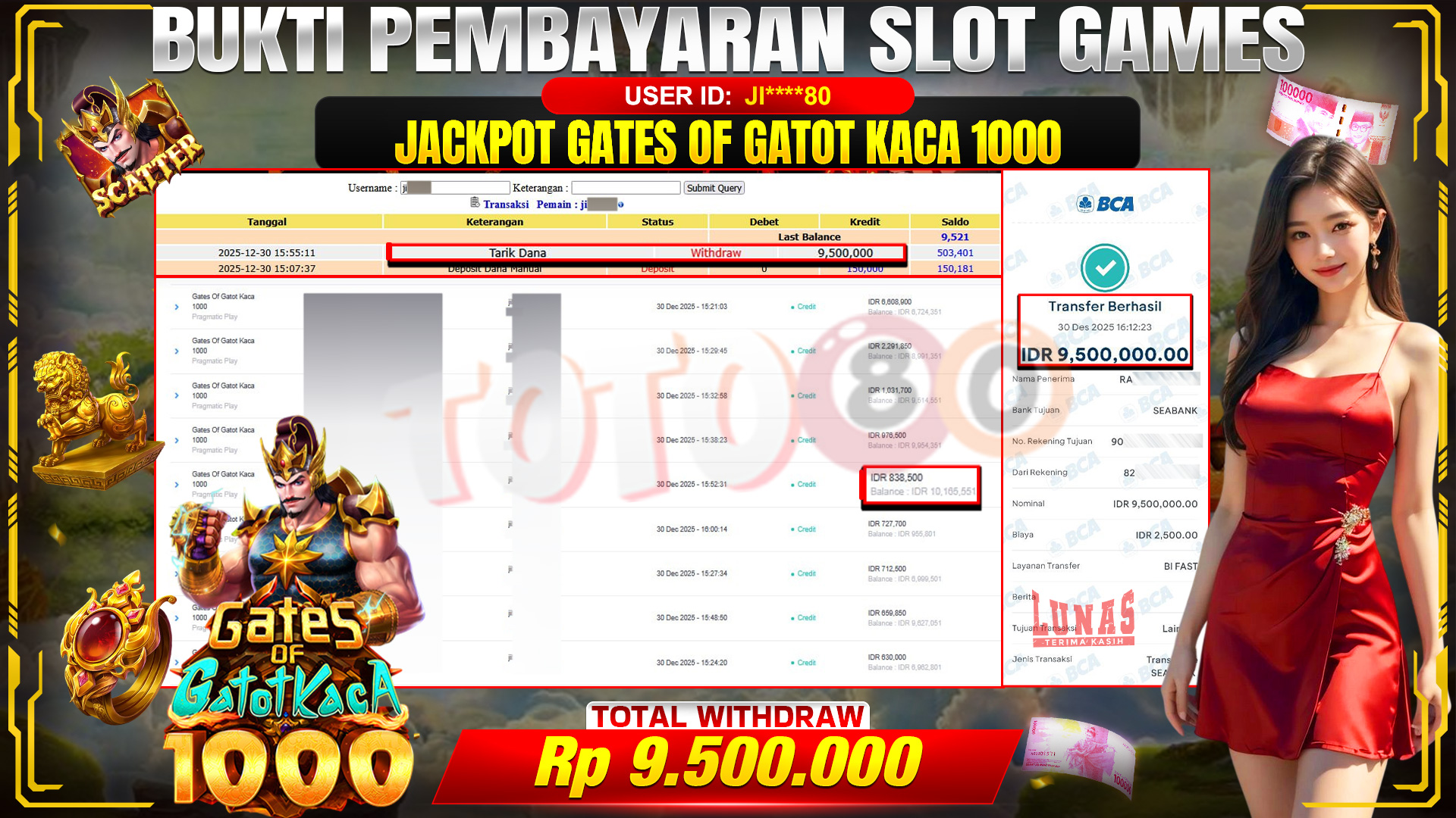 🎉 TOTO80 – JACKPOT SLOT GATES OF GATOT KACA 1000 RP. 9,500,000,- TELAH DIBAYARKAN! 🎉