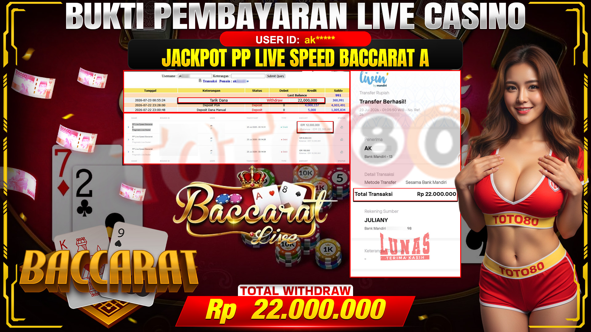 💰🎉 TOTO80 – JACKPOT PP LIVE SPEED BACCARAT A RP. 22,000,000,- TELAH DIBAYARKAN!💰🎉