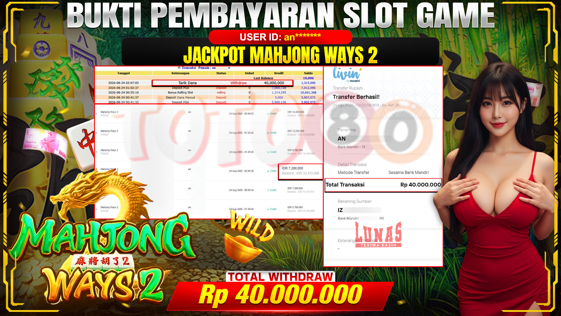 💰🎉 TOTO80 – JACKPOT SLOT MAHJONG  WAYS 2 RP. 40,000,000,-  TELAH DIBAYARKAN!💰🎉