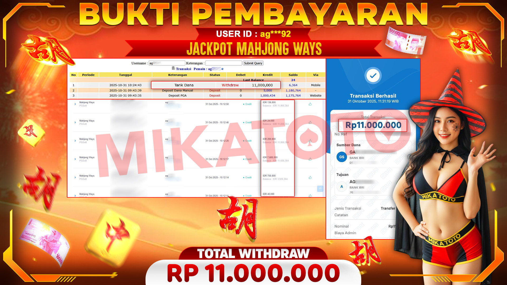 🏆 SELAMAT KEPADA PEMENANG JACKPOT DI Mahjong Ways - PGSoft 11,000,000🏆