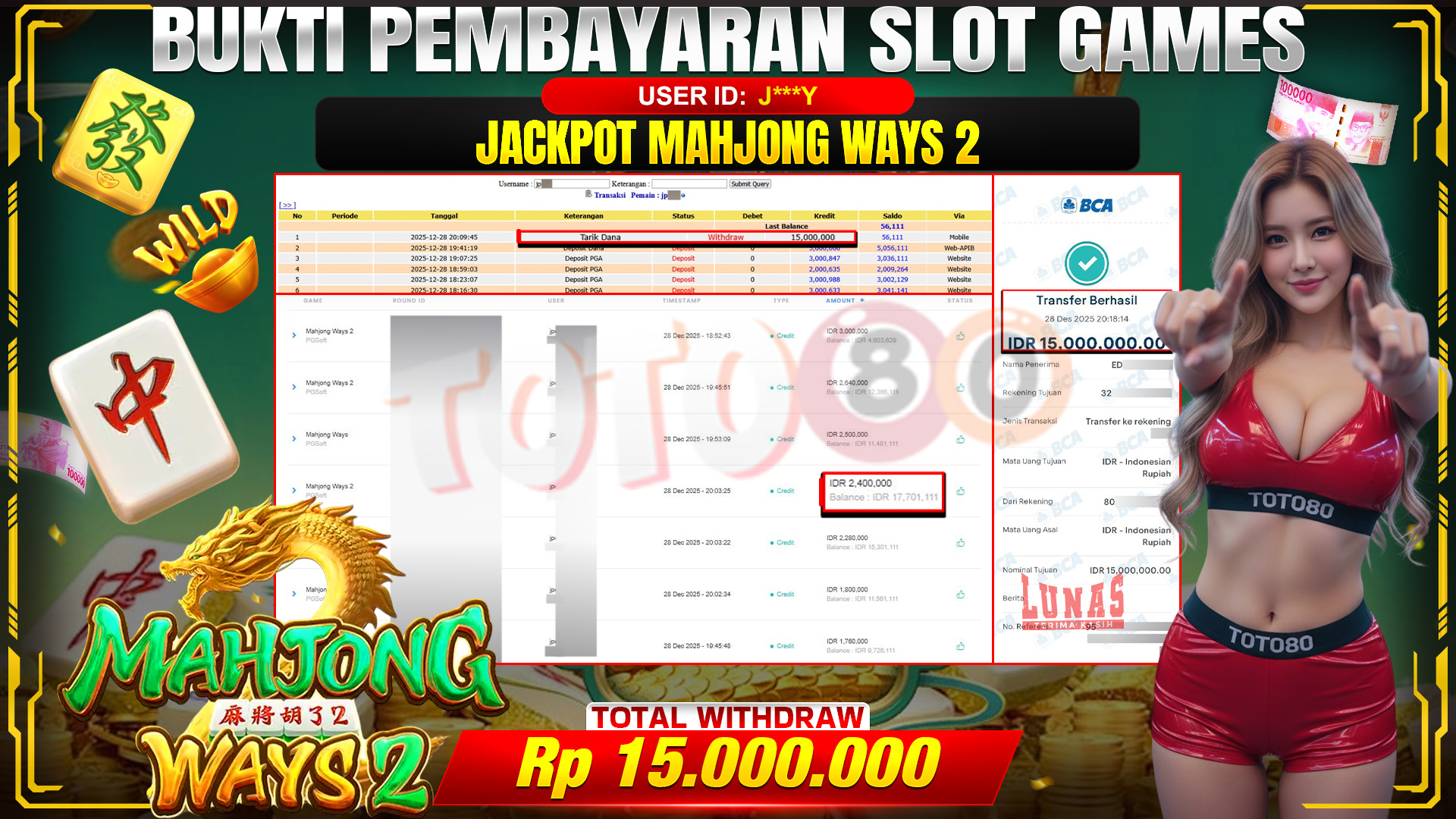 🎉 TOTO80 – JACKPOT SLOT MAHJONG WAYS 2 RP. 15,000,000,- TELAH DIBAYARKAN! 🎉