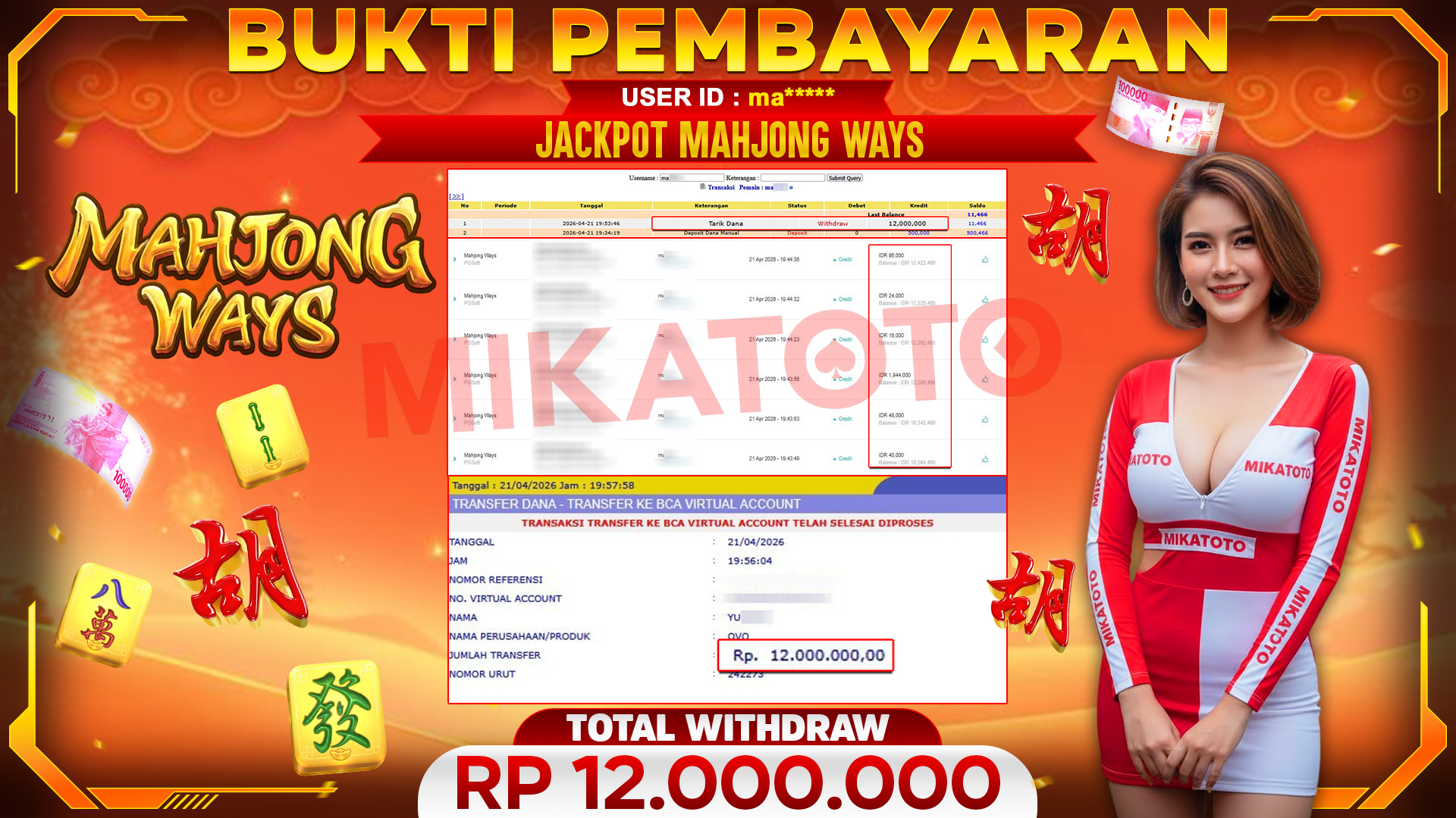 🏆 SELAMAT KEPADA PEMENANG JACKPOT DI Mahjong Ways  - PG Soft 12,000,000🏆