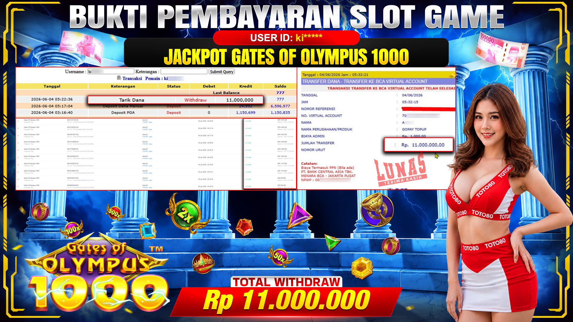 💰🎉 TOTO80 – JACKPOT SLOT GATES OF OLYMPUS 1000  RP. 11,000,000,- TELAH DIBAYARKAN!💰🎉