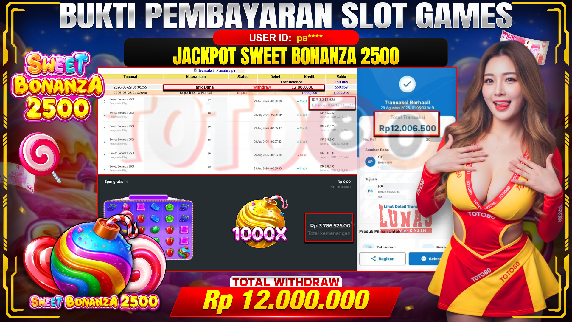 💰🎉TOTO80 – JACKPOT SLOT SWEET BONANZA 2500 . RP. 12,000,000,- TELAH DIBAYARKAN! 💰🎉