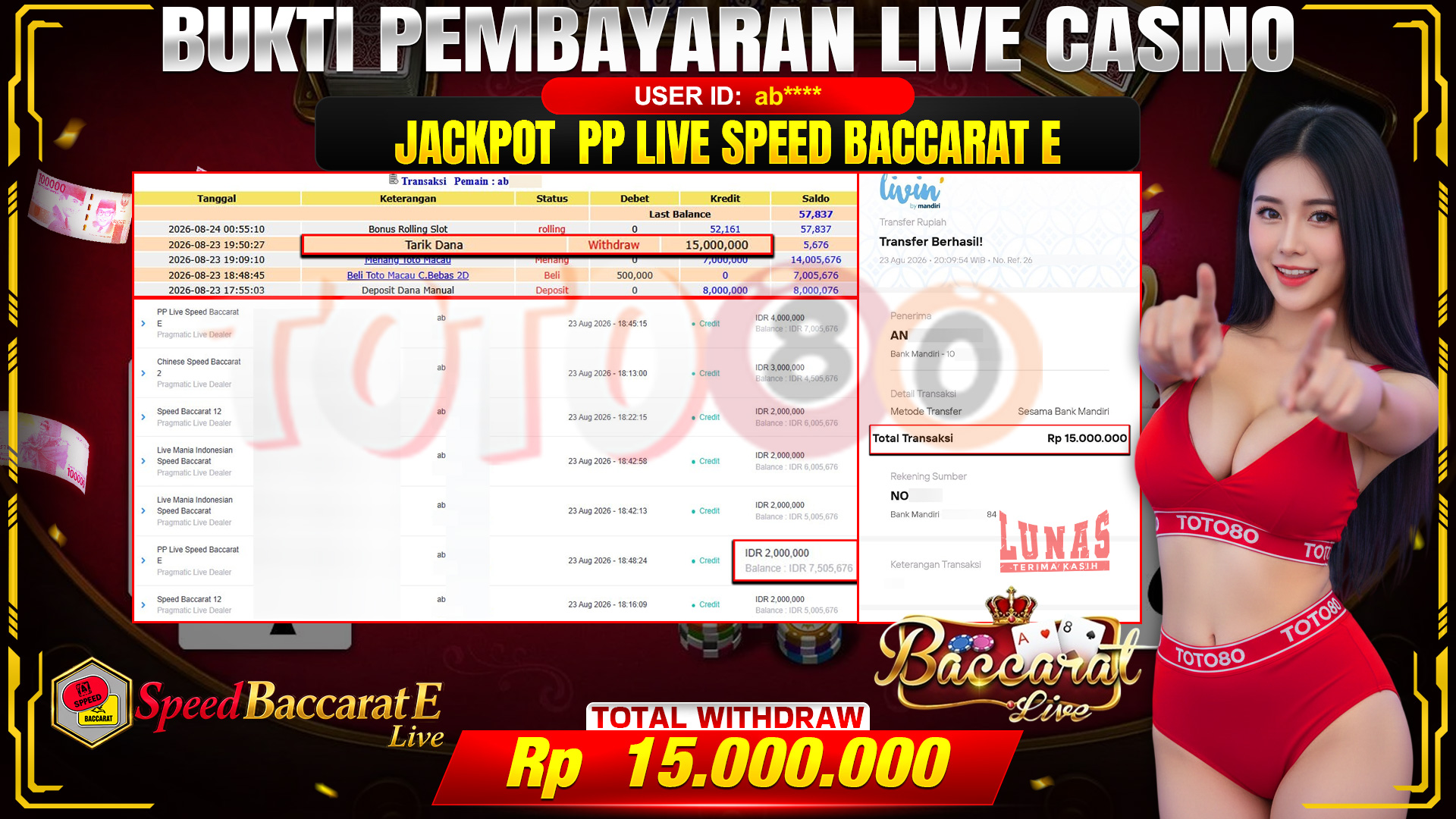 💰🎉 TOTO80 – JACKPOT PP LIVE  SPEED  BACCARAT E RP. 15,000,000,- TELAH DIBAYARKAN!💰🎉