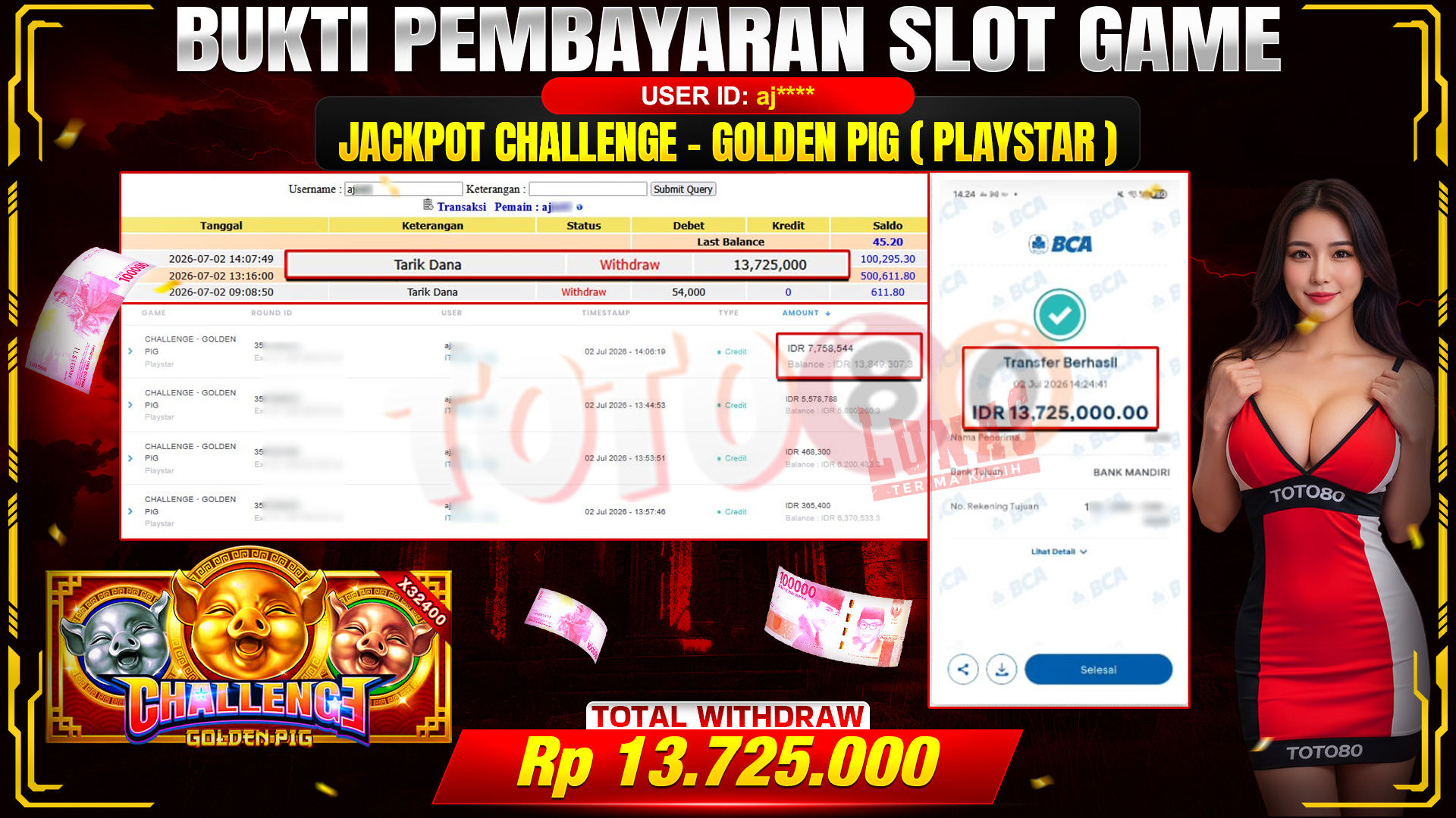 💰🎉 TOTO80 – JACKPOT CHALLENGE - GOLDEN PIG . RP. 13,725,000,- TELAH DIBAYARKAN! 💰🎉