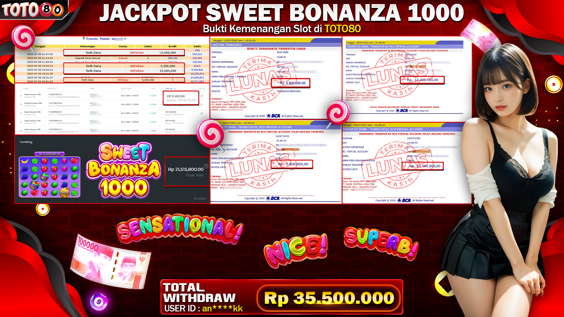 🎉 TOTO80 – JACKPOT SLOT SWEET BONANZA 1000 RP.35,500,000,- TELAH DIBAYARKAN! 🎉