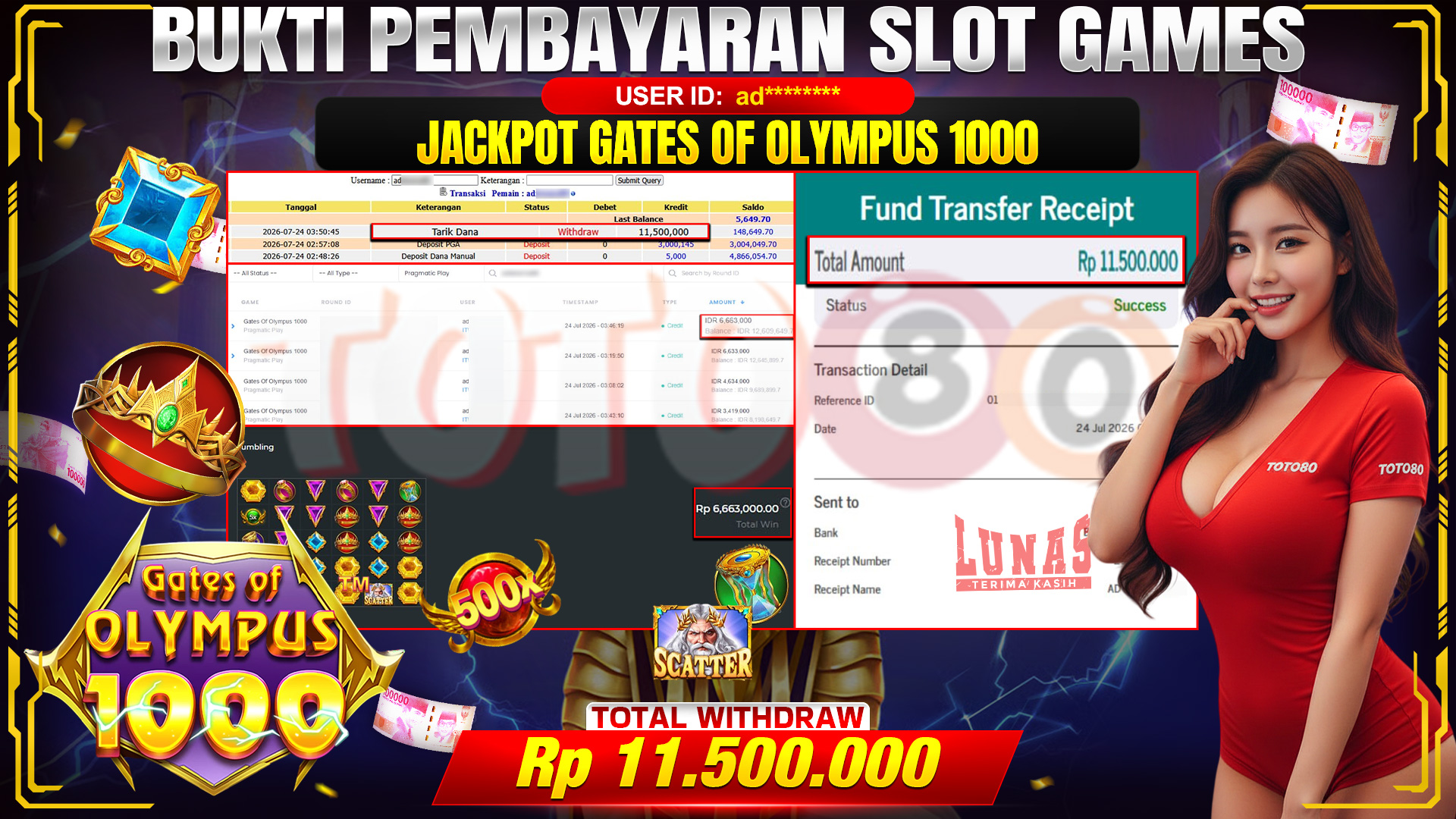 💰🎉 TOTO80 – JACKPOT SLOT GATES OF OLYMPUS 1000  RP. 11,500,000,- TELAH DIBAYARKAN!💰🎉