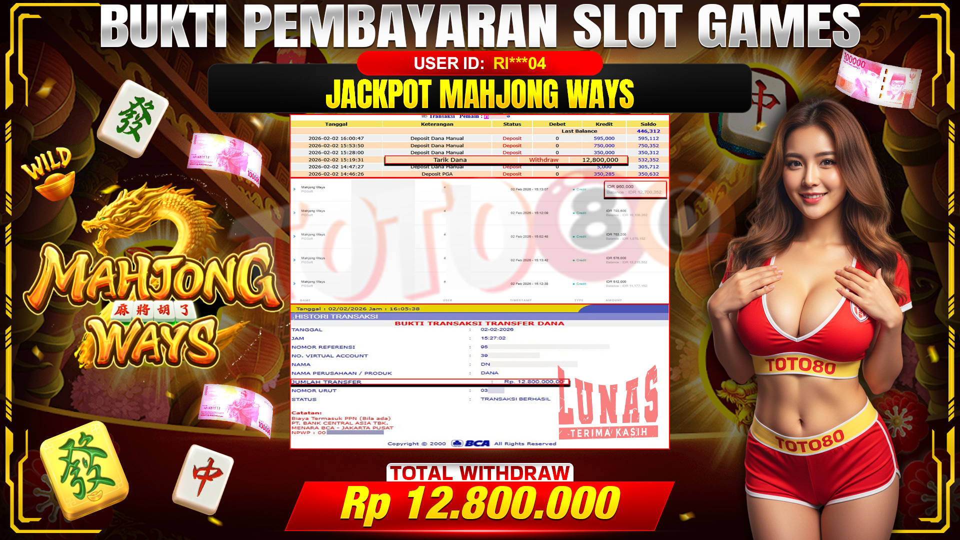 🎉 TOTO80 – JACKPOT SLOT MAHJONG WAYS RP. 12,800,000,- TELAH DIBAYARKAN! 🎉