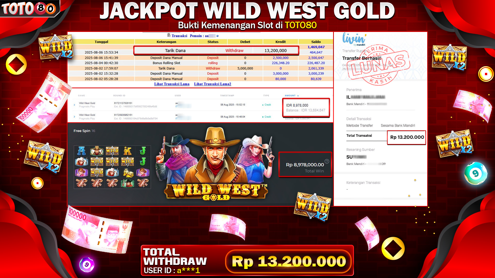 🎉 TOTO80 – JACKPOT GAME WILD WEST GOLD  RP.13,200,000,- TELAH DIBAYARKAN! 🎉