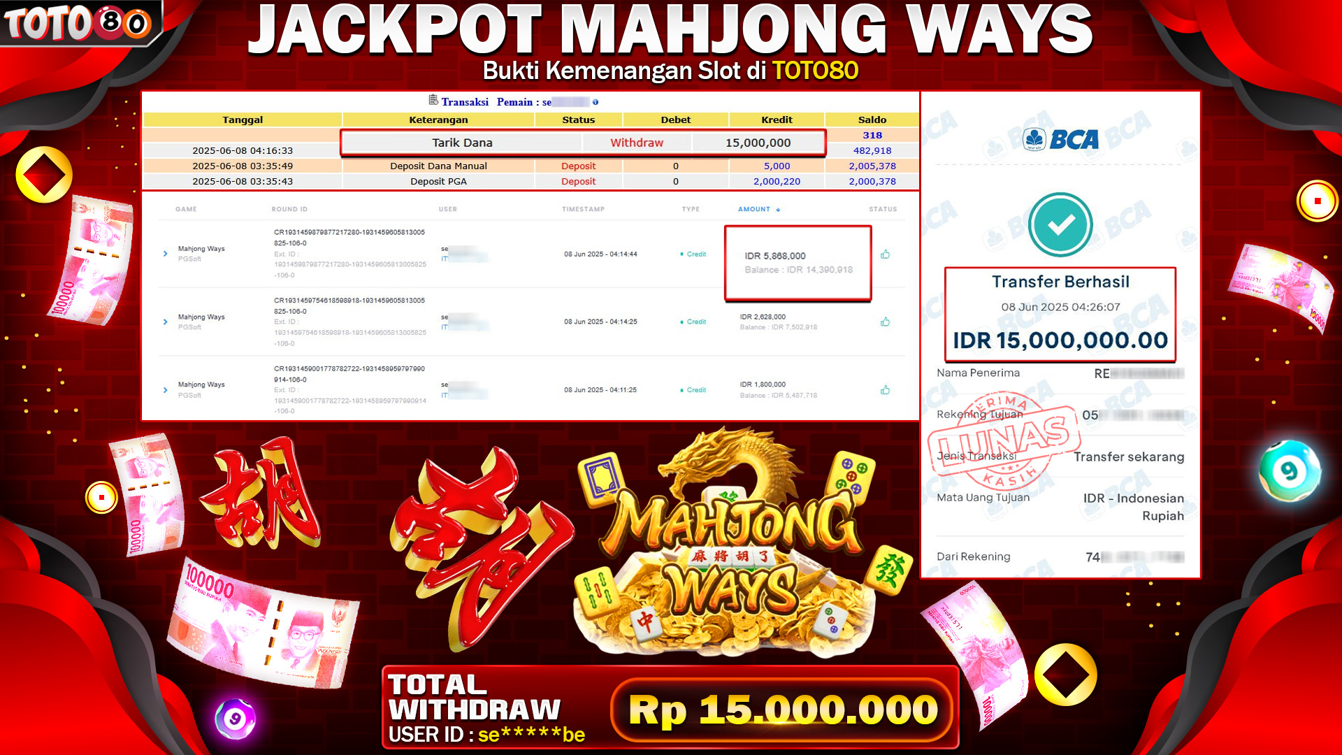 🎉 TOTO80 – JACKPOT SLOT MAHJONG WAYS RP.15,000,000,- TELAH DIBAYARKAN!🎉