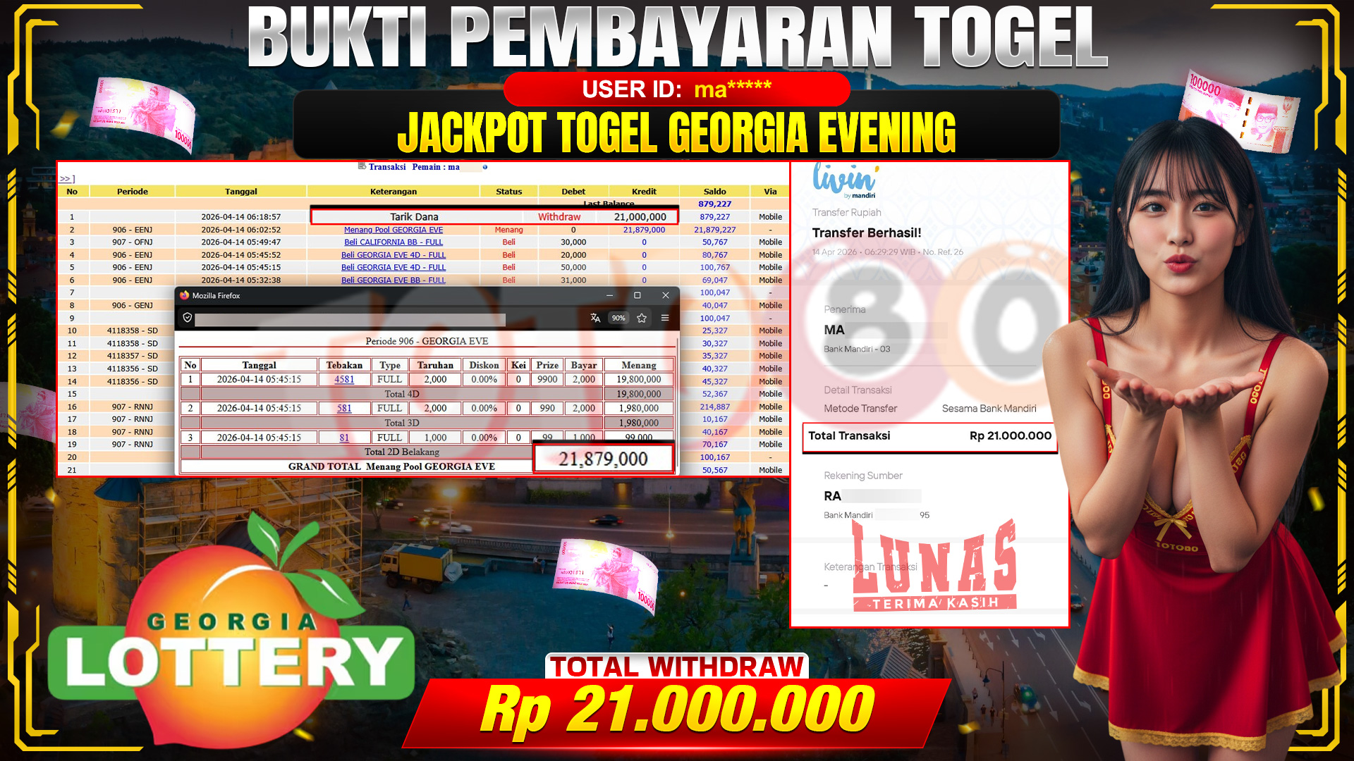 💰🎉 TOTO80 – JACKPOT  TOGEL GEORGIA EVENING RP.  21,000,000,-  TELAH DIBAYARKAN!💰🎉