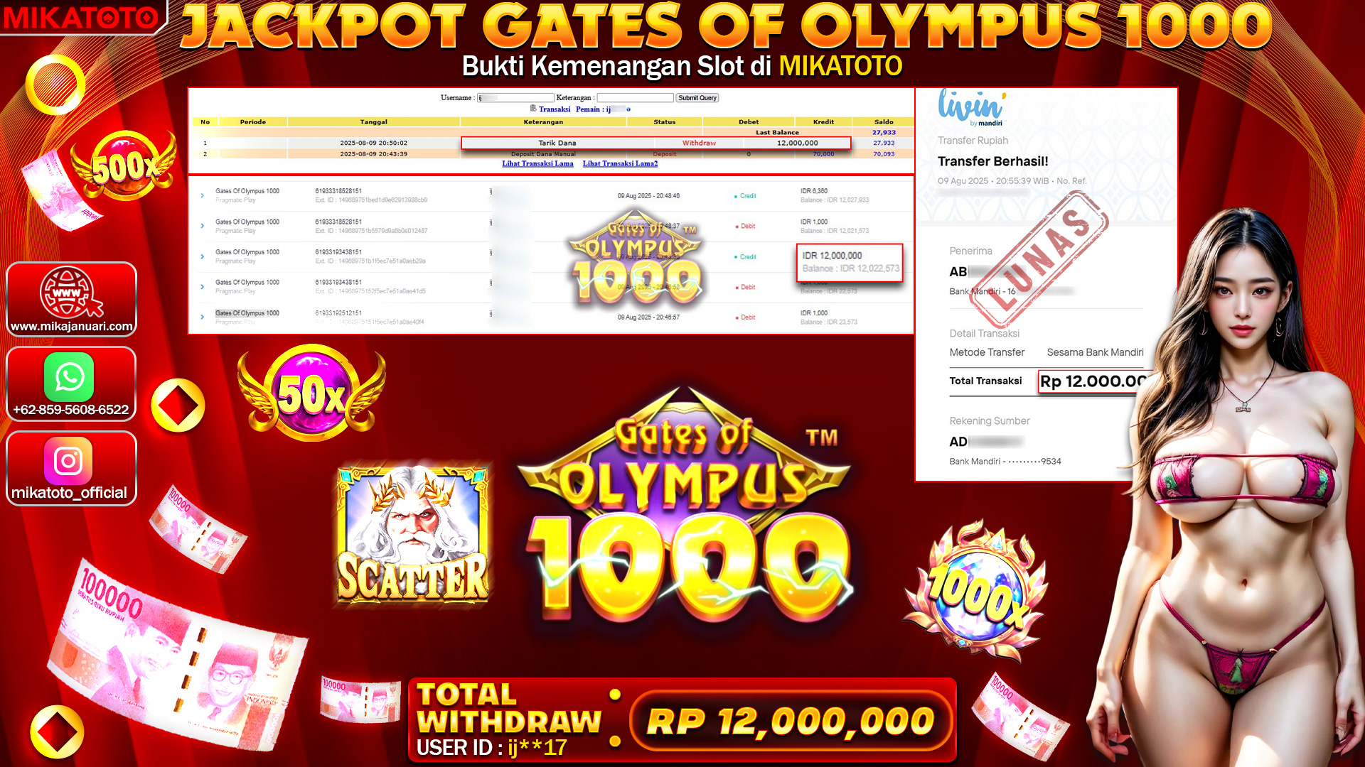 🏆 SELAMAT KEPADA PEMENANG JACKPOT DI Gates Of Olympus 1000 12,000,000🏆