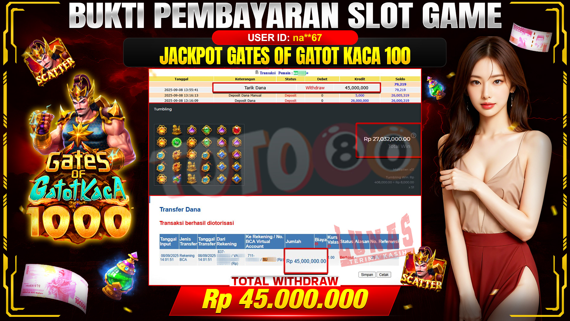 🎉 TOTO80 – JACKPOT SLOT GATES OF GATOT KACA 1000 RP.45,000,000,- TELAH DIBAYARKAN! 🎉