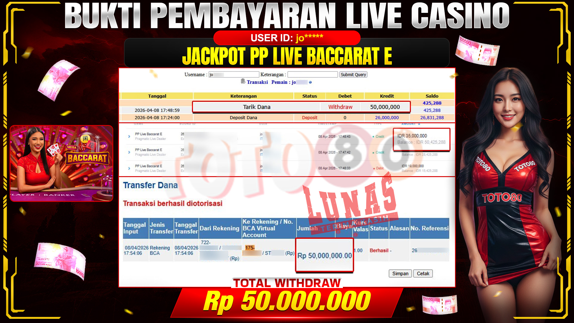 💰🎉 TOTO80 – JACKPOT  PP LIVE BACCARAT E  RP. 50,000,000,- TELAH DIBAYARKAN!💰🎉
