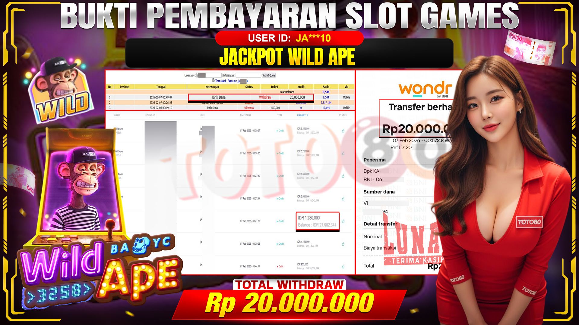 🎉 TOTO80 – JACKPOT SLOT WILD APE RP. 20,000,000,- TELAH DIBAYARKAN! 🎉