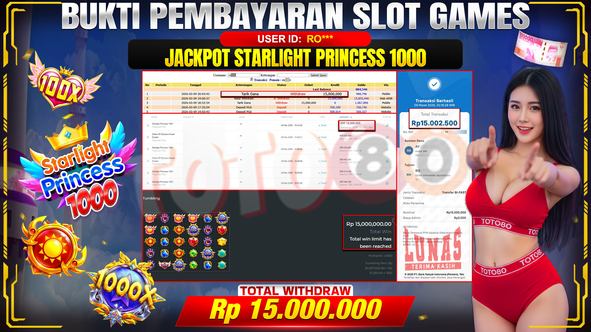 🎉 TOTO80 – JACKPOT SLOT STARLIGHT PRINCESS 1000  RP. 15,000,000,- TELAH DIBAYARKAN! 🎉