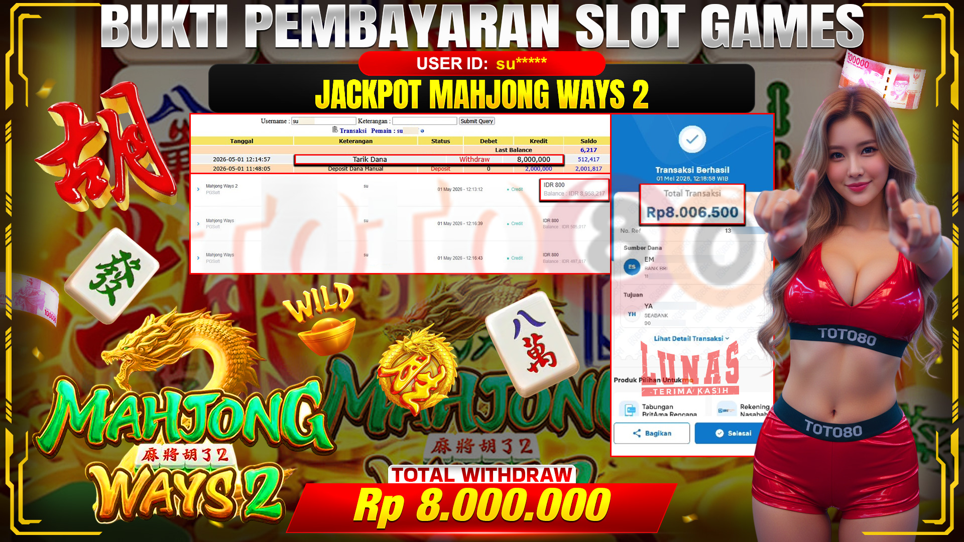 💰🎉 TOTO80 – JACKPOT SLOT MAHJONG WAYS 2 RP. 8,000,000,-  TELAH DIBAYARKAN!💰🎉