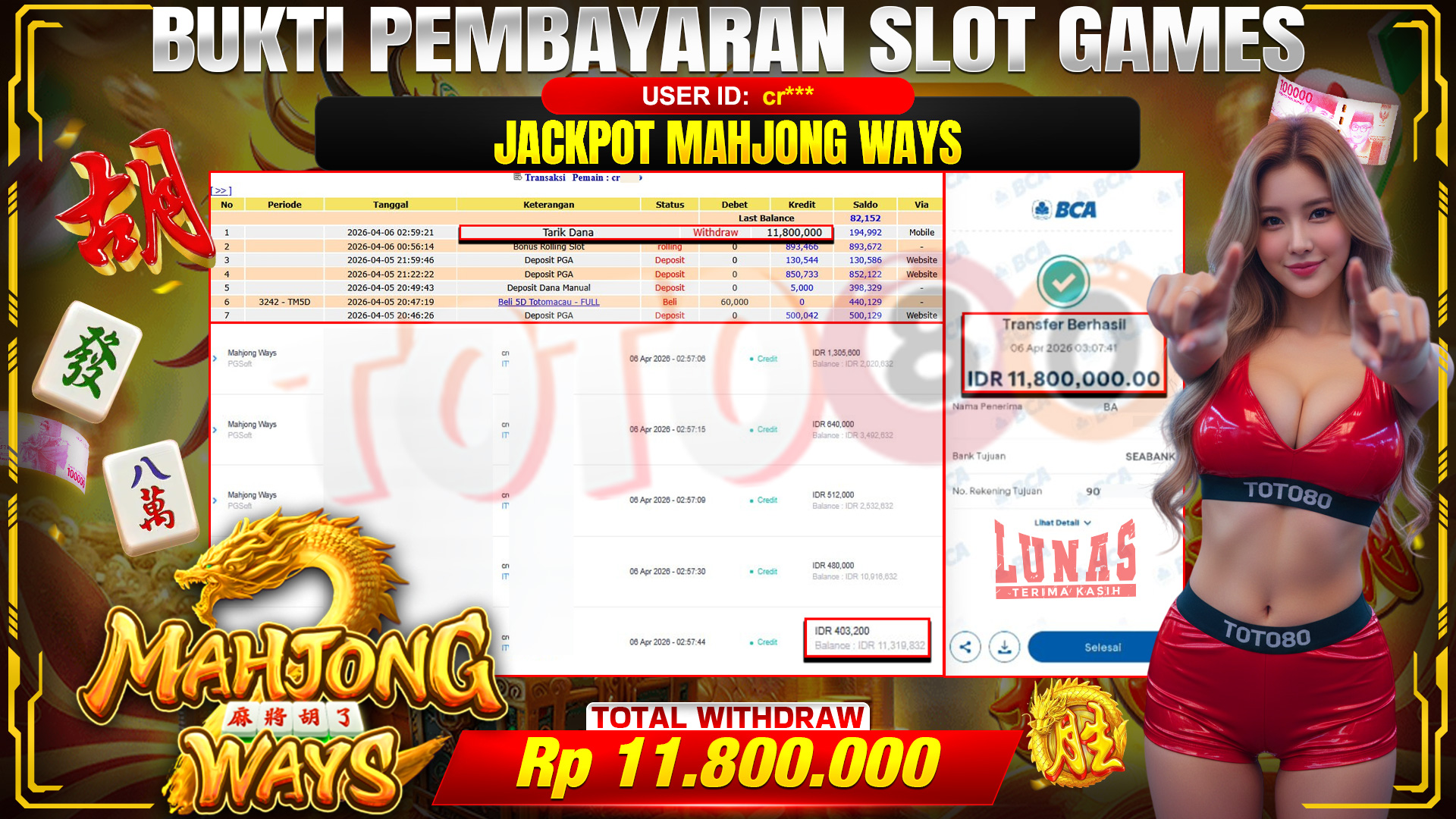 💰🎉 TOTO80 – JACKPOT SLOT MAHJONG WAYS  RP.  11,800,000,-  TELAH DIBAYARKAN!💰🎉