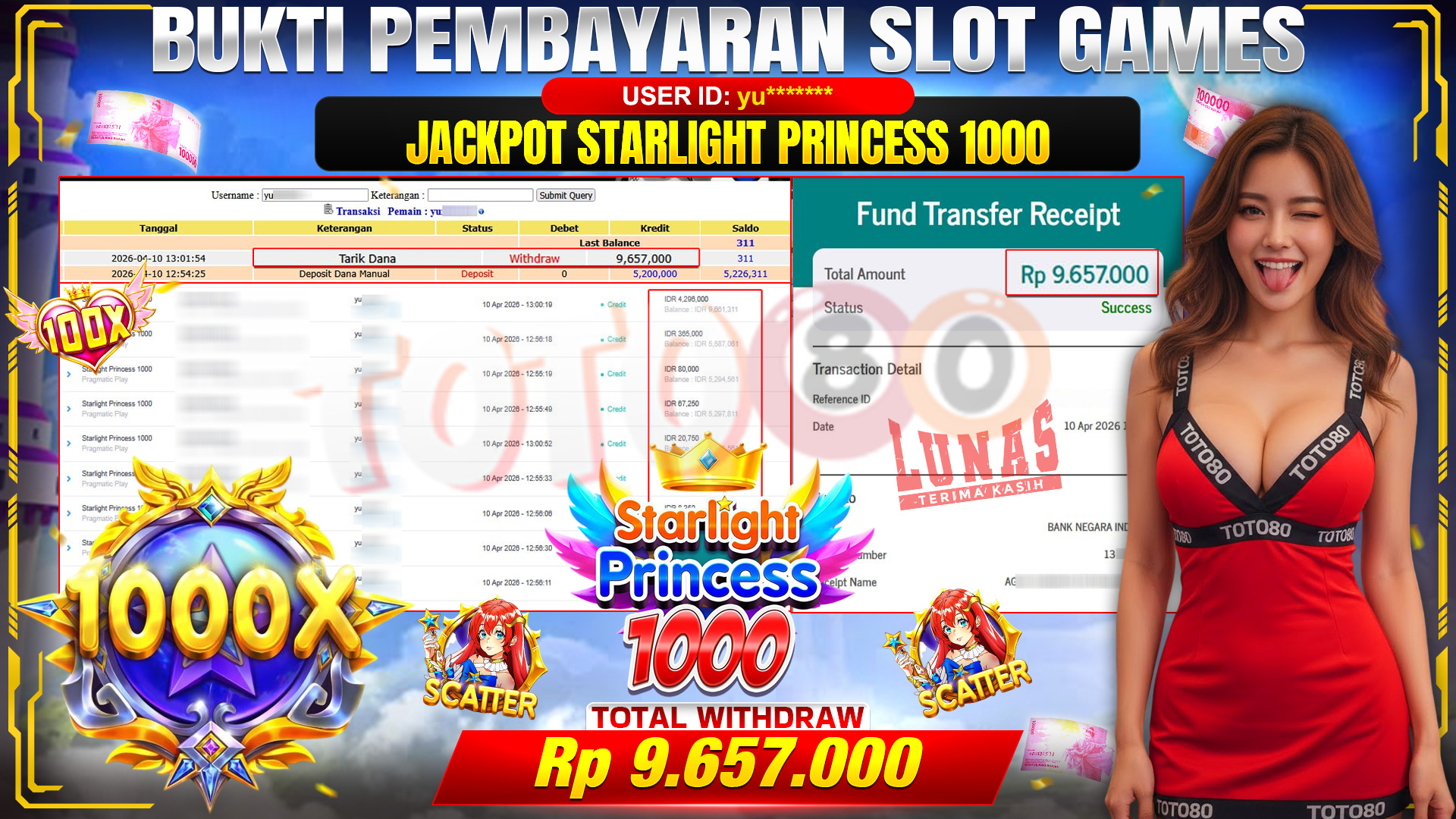 💰🎉 TOTO80 – JACKPOT SLOT STARLIGHT PRINCESS 1000 RP. 9,657,000,- TELAH DIBAYARKAN!💰🎉