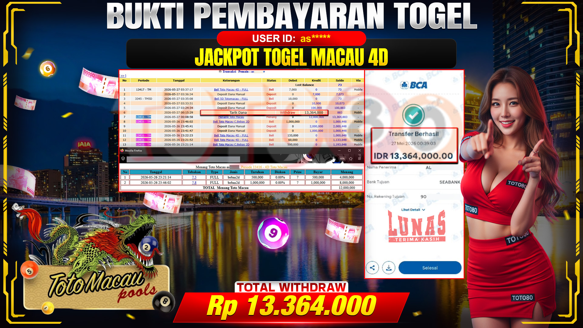 💰🎉 TOTO80 – JACKPOT TOGEL TOTO MACAU 4D RP. 13,364,000,-  TELAH DIBAYARKAN!💰🎉