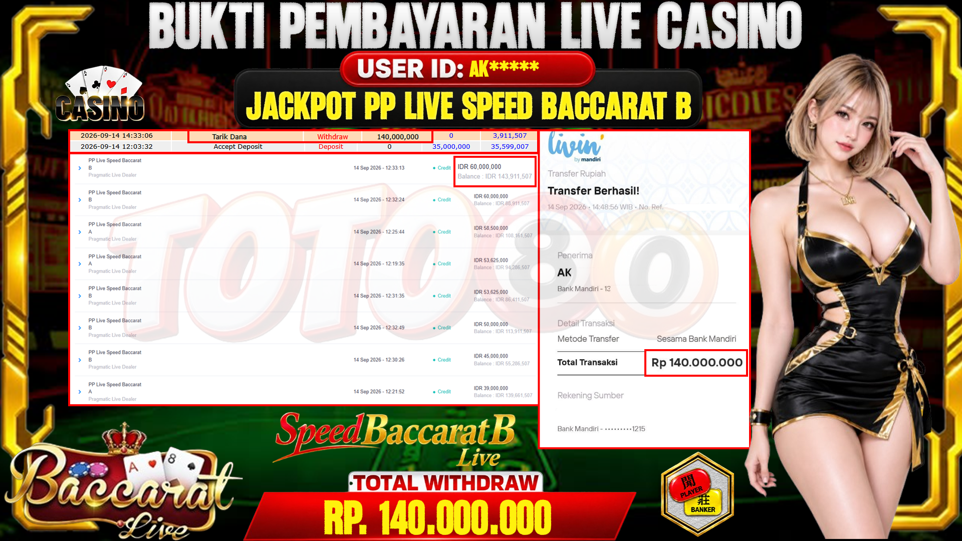 💰🎉 TOTO80 – JACKPOT PP LIVE SPEED BACCARAT B RP. 140,000,000,- TELAH DIBAYARKAN!💰🎉