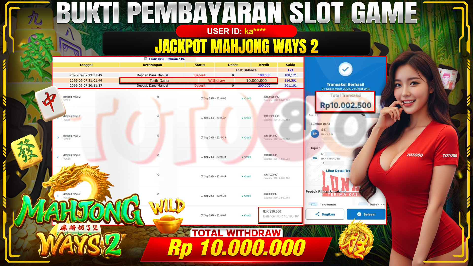 💰🎉 TOTO80 – JACKPOT SLOT MAHJONG  WAYS 2 RP. 10,000,000,-  TELAH DIBAYARKAN!💰🎉