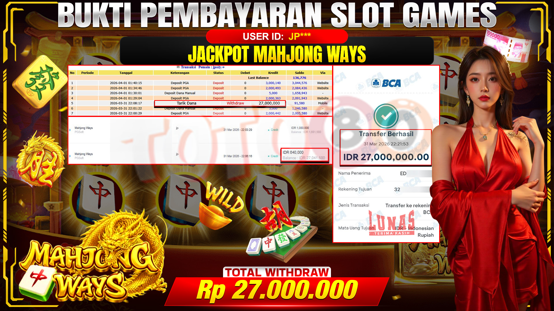 💰🎉 TOTO80 – JACKPOT SLOT MAHJONG WAYS RP. 27,000,000,- TELAH DIBAYARKAN! 💰🎉