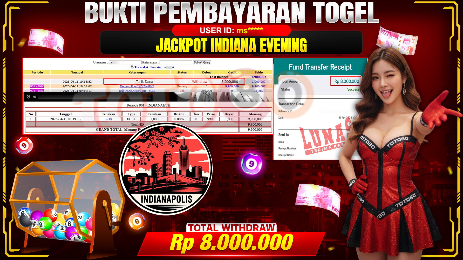 💰🎉 TOTO80 – JACKPOT  TOGEL  INDIANA EVENING  RP.  8,000,000,-  TELAH DIBAYARKAN!💰🎉