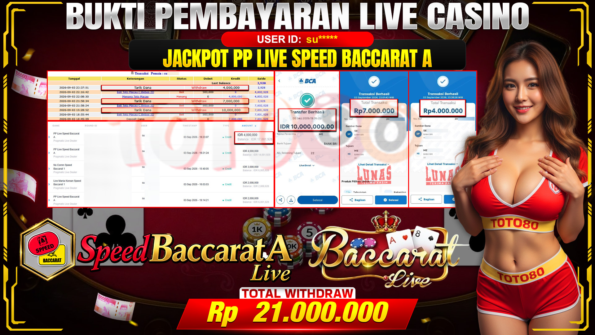💰🎉 TOTO80 – JACKPOT PP LIVE SPEED BACCARAT A RP. 21,000,000,- TELAH DIBAYARKAN!💰🎉