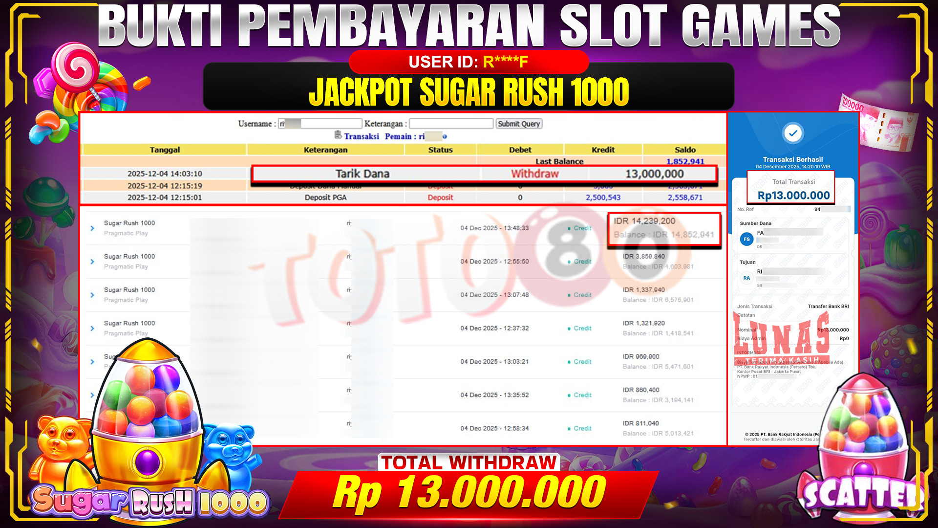 🎉 TOTO80 – JACKPOT SLOT SUGAR RUSH 1000 RP. 13,000,000,- TELAH DIBAYARKAN! 🎉