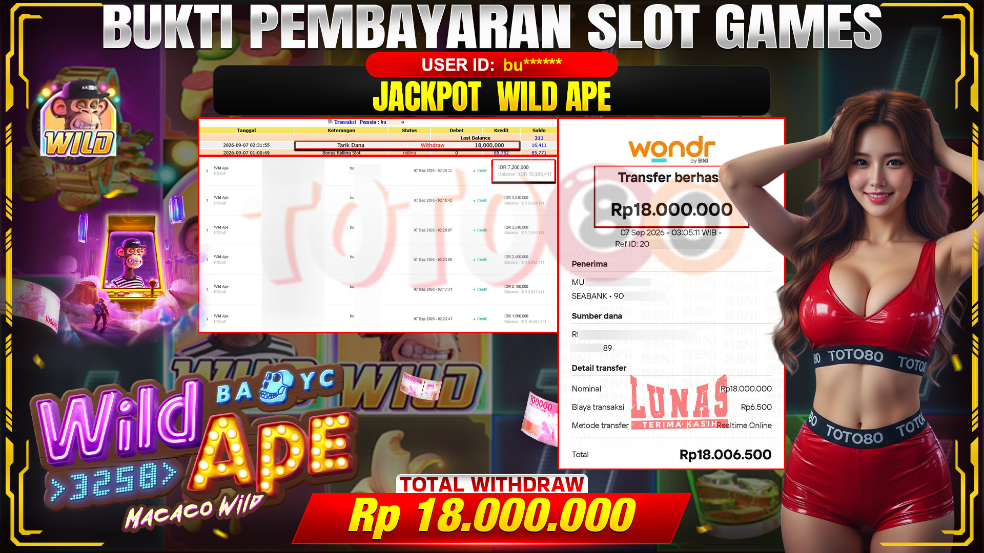 💰🎉 TOTO80 – JACKPOT SLOT WILD APE  RP. 18,000,000,- TELAH DIBAYARKAN!💰🎉