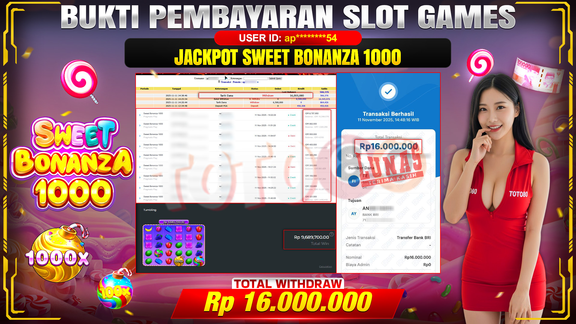 🎉 TOTO80 – JACKPOT SLOT BONANZA 1000 RP.16,000,000,- TELAH DIBAYARKAN! 🎉