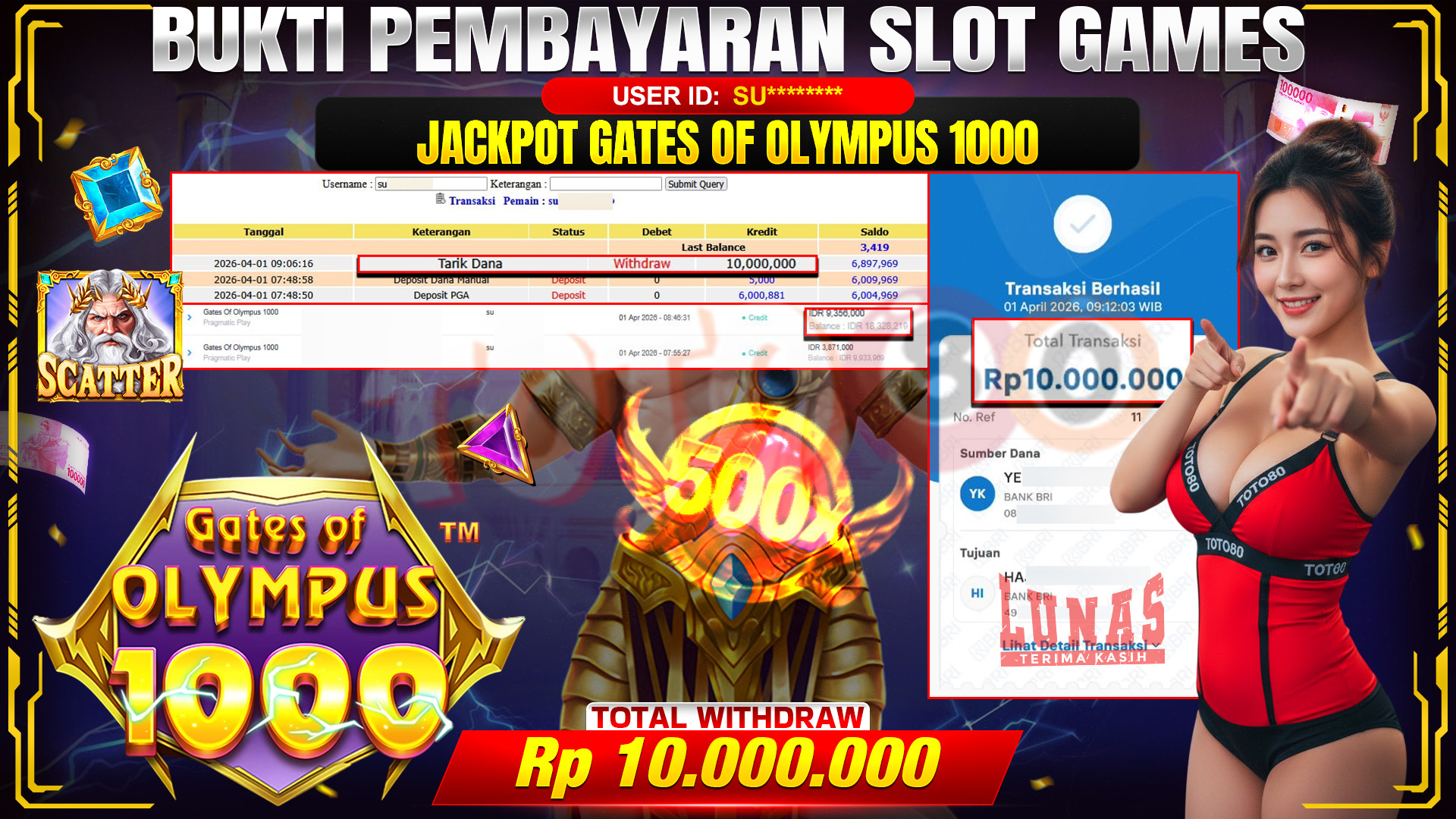 💰🎉 TOTO80 – JACKPOT SLOT GATES OF OLIMPUS 1000  RP. 10,000,000,- TELAH DIBAYARKAN!💰🎉