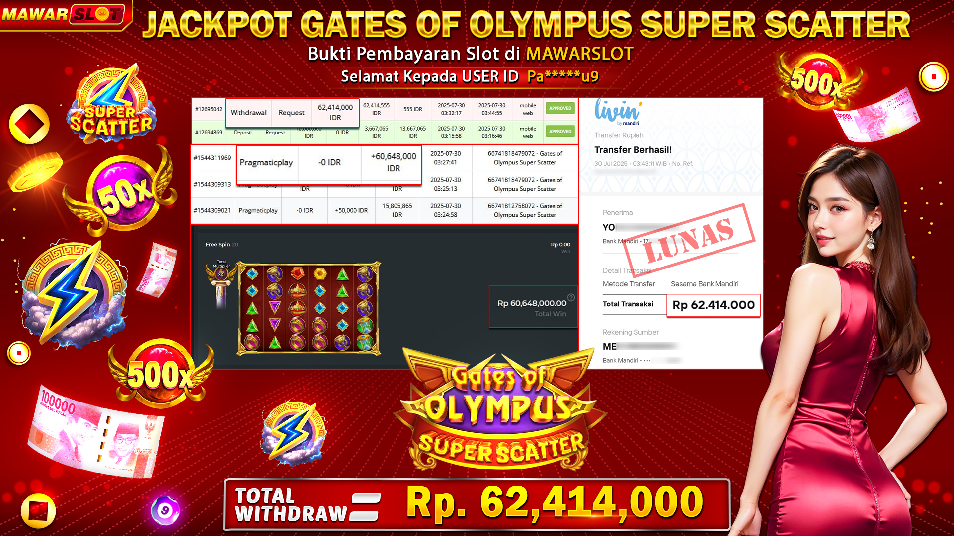 Selamat! User MawarSlot Menang Rp 62.414.000 di Gates of Olympus Super Scatter!