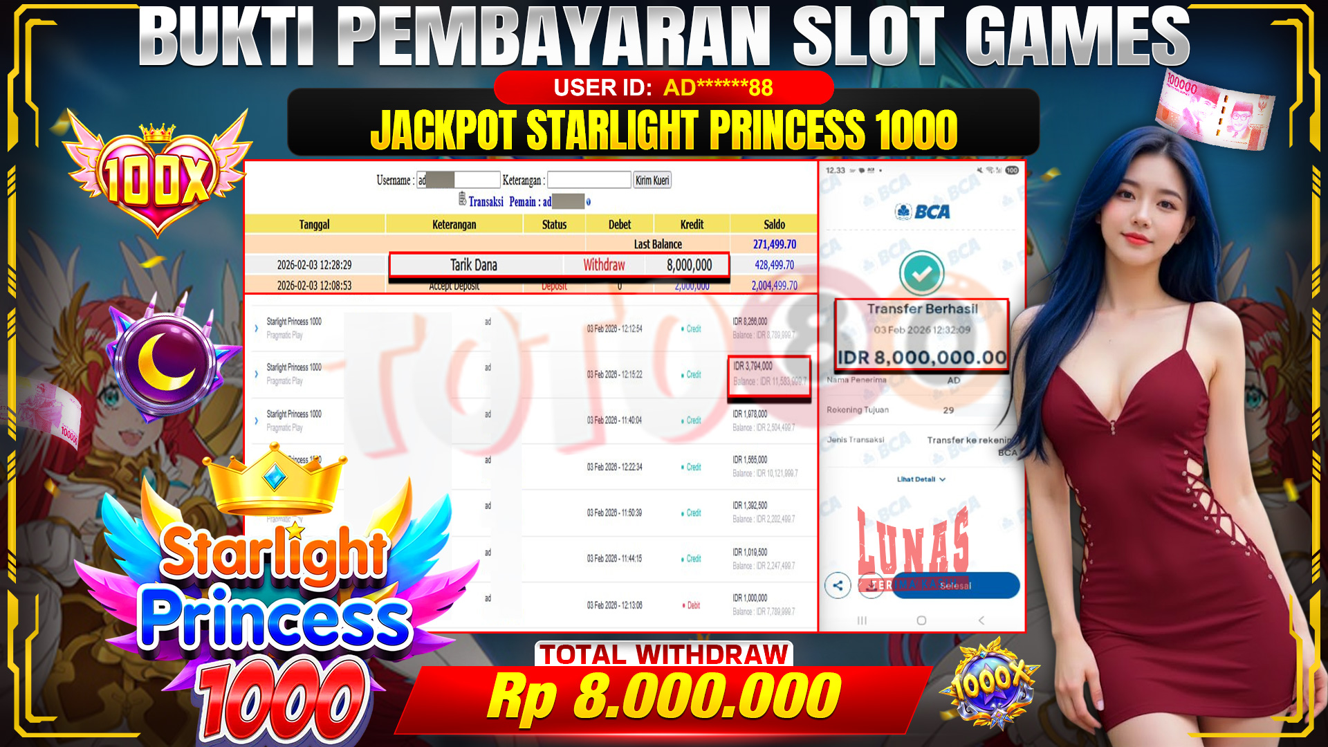 🎉 TOTO80 – JACKPOT SLOT STARLIGHT PRINCESS 1000 RP. 8,000,000,- TELAH DIBAYARKAN! 🎉