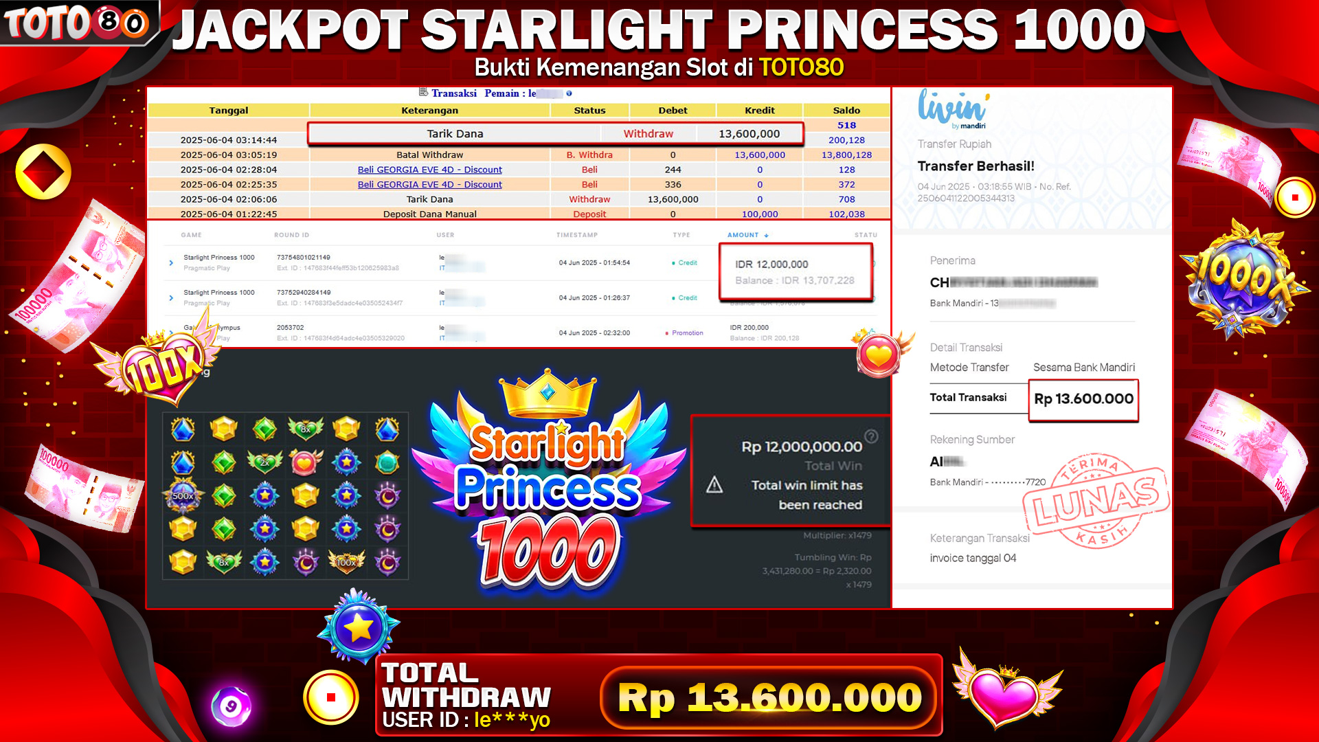TOTO80 JACKPOT SLOT STARLIGHT PRINCES 1000 RP 13.600.000,- LUNAS