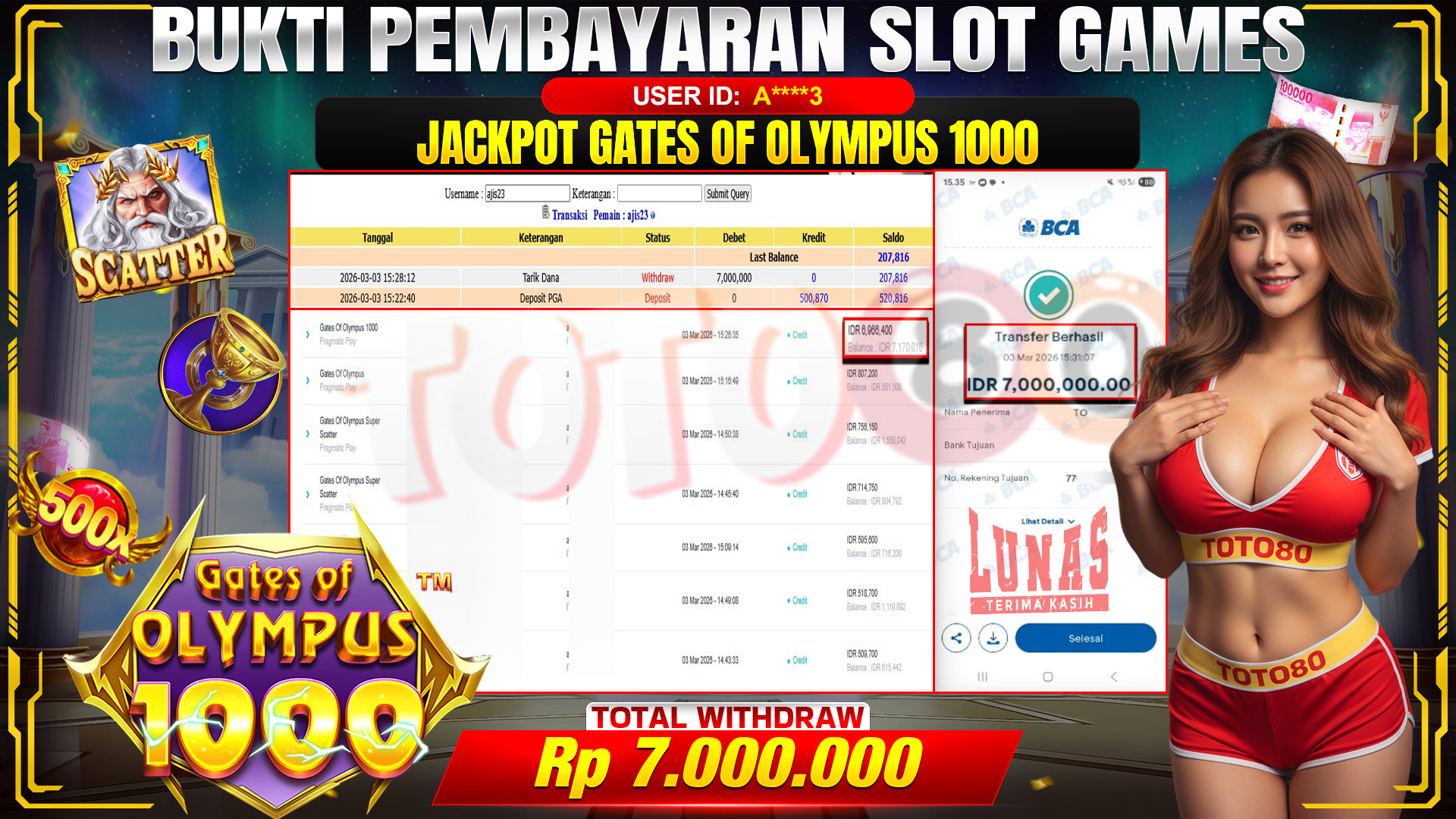 🎉TOTO80 – JACKPOT SLOT GATES OF OLYMPUS 1000 RP. 7,000,000,- TELAH DIBAYARKAN! 🎉