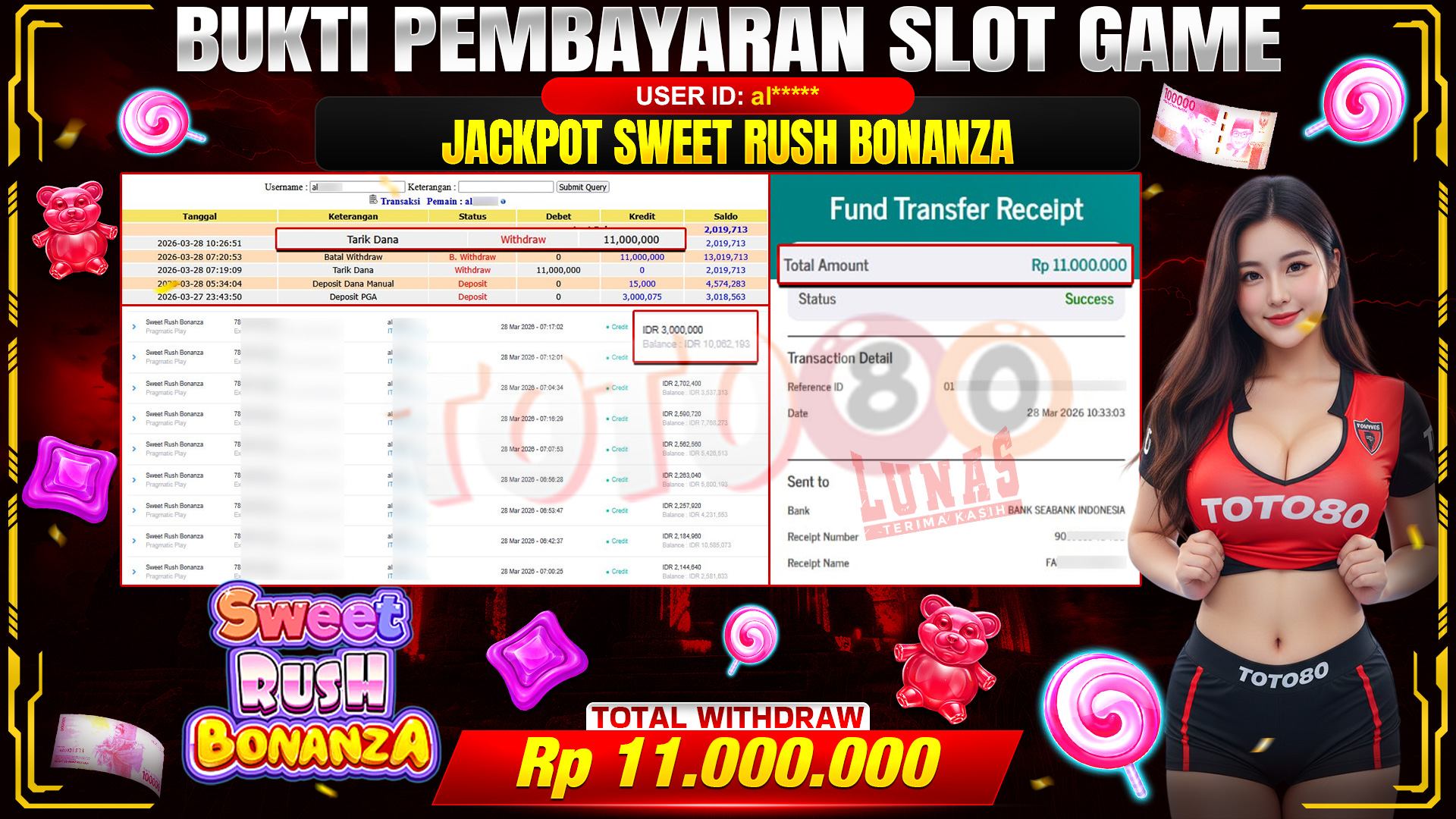 💰🎉 TOTO80 – JACKPOT SLOT SWEET RUSH BONANZA  RP. 11,000,000,- TELAH DIBAYARKAN!💰🎉