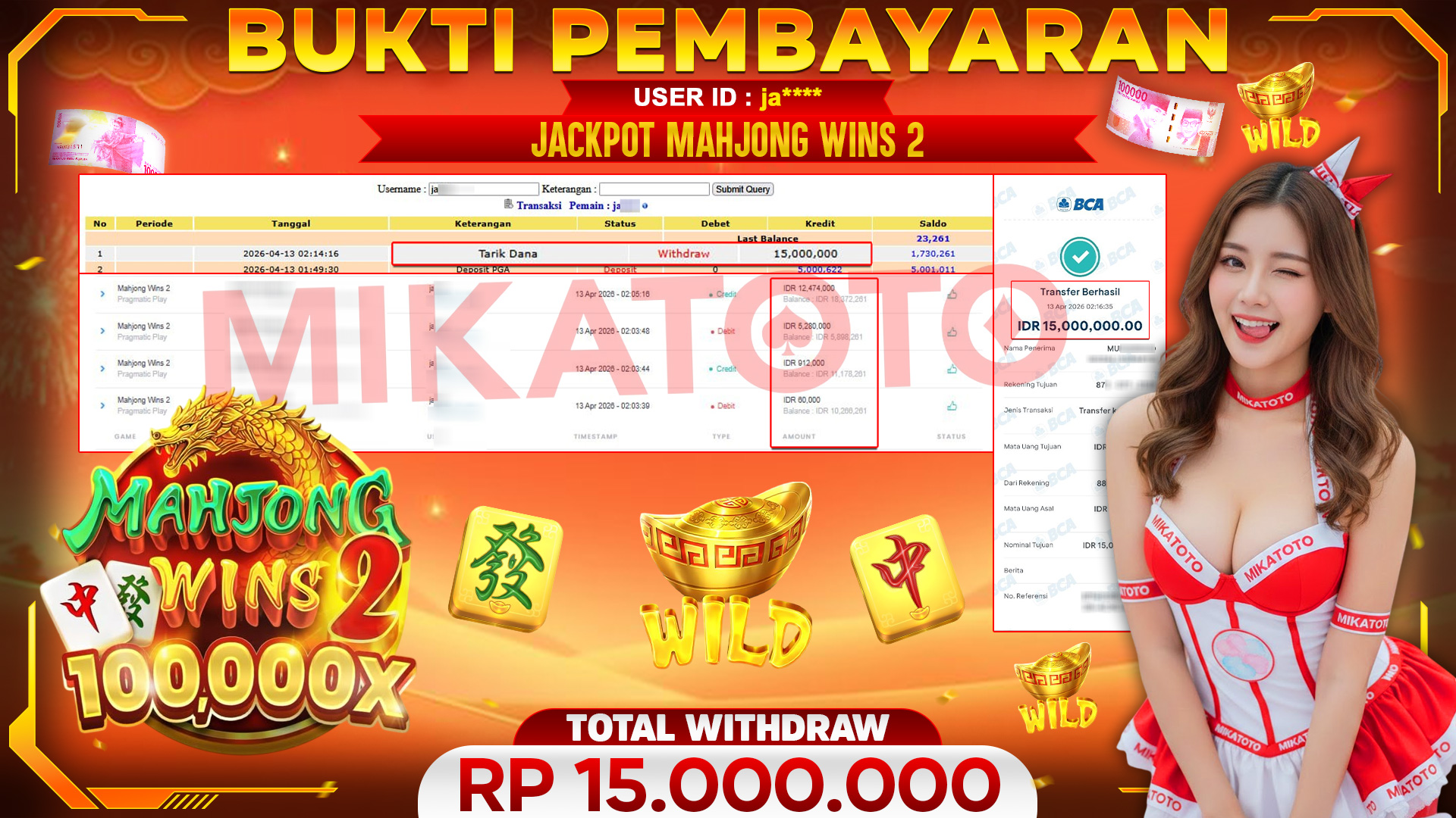 🏆 SELAMAT KEPADA PEMENANG JACKPOT DI Mahjong Wins 2 - Pragmatic Play 15,000,000🏆