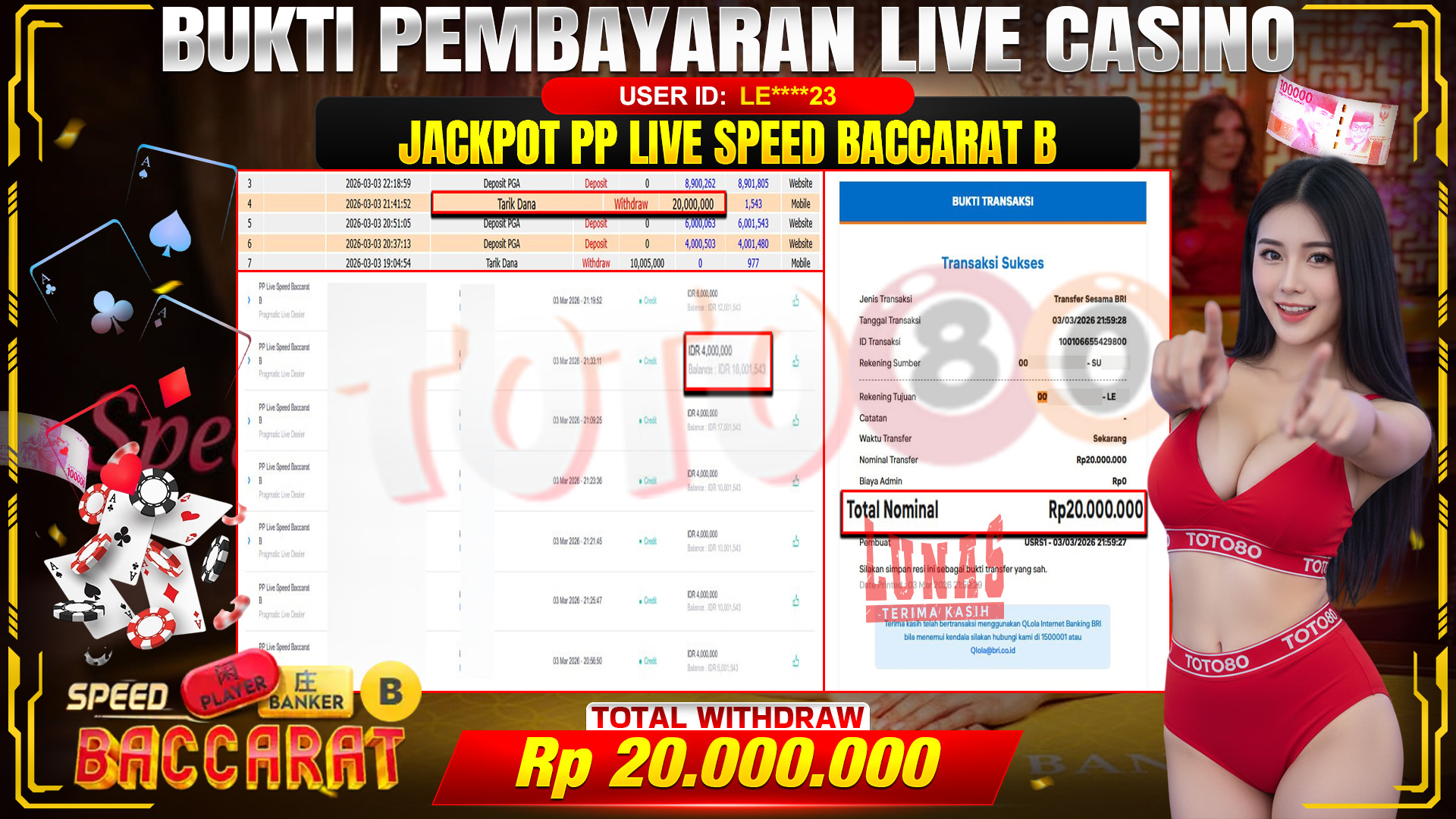 🎉 TOTO80 – JACKPOT PP LIVE SPEED BACCARAT B RP. 20,000,000,- TELAH DIBAYARKAN! 🎉