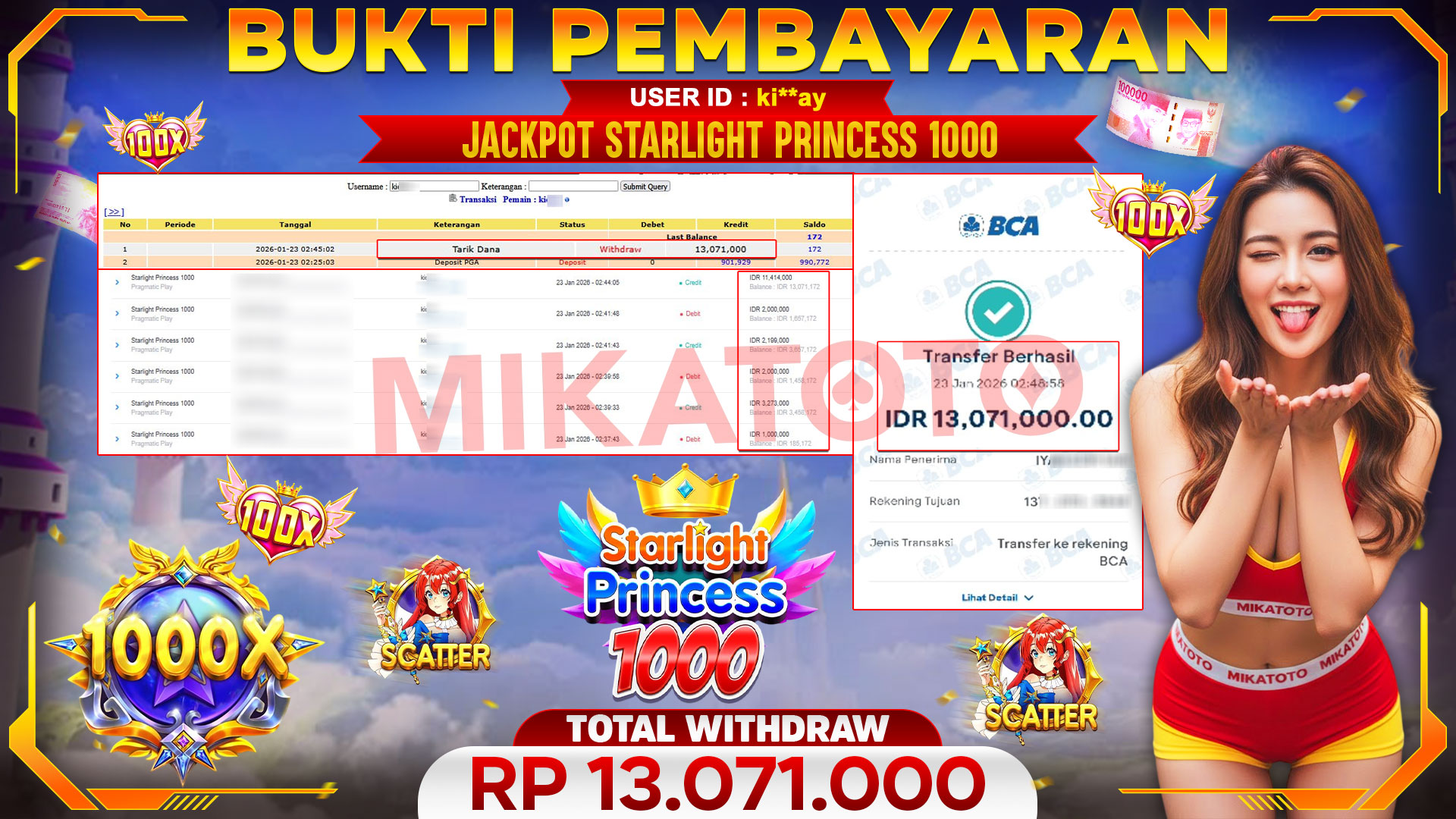 🏆 SELAMAT KEPADA PEMENANG JACKPOT DI Starlight Princess 1000 - Pragmatic Play 13,071,000🏆