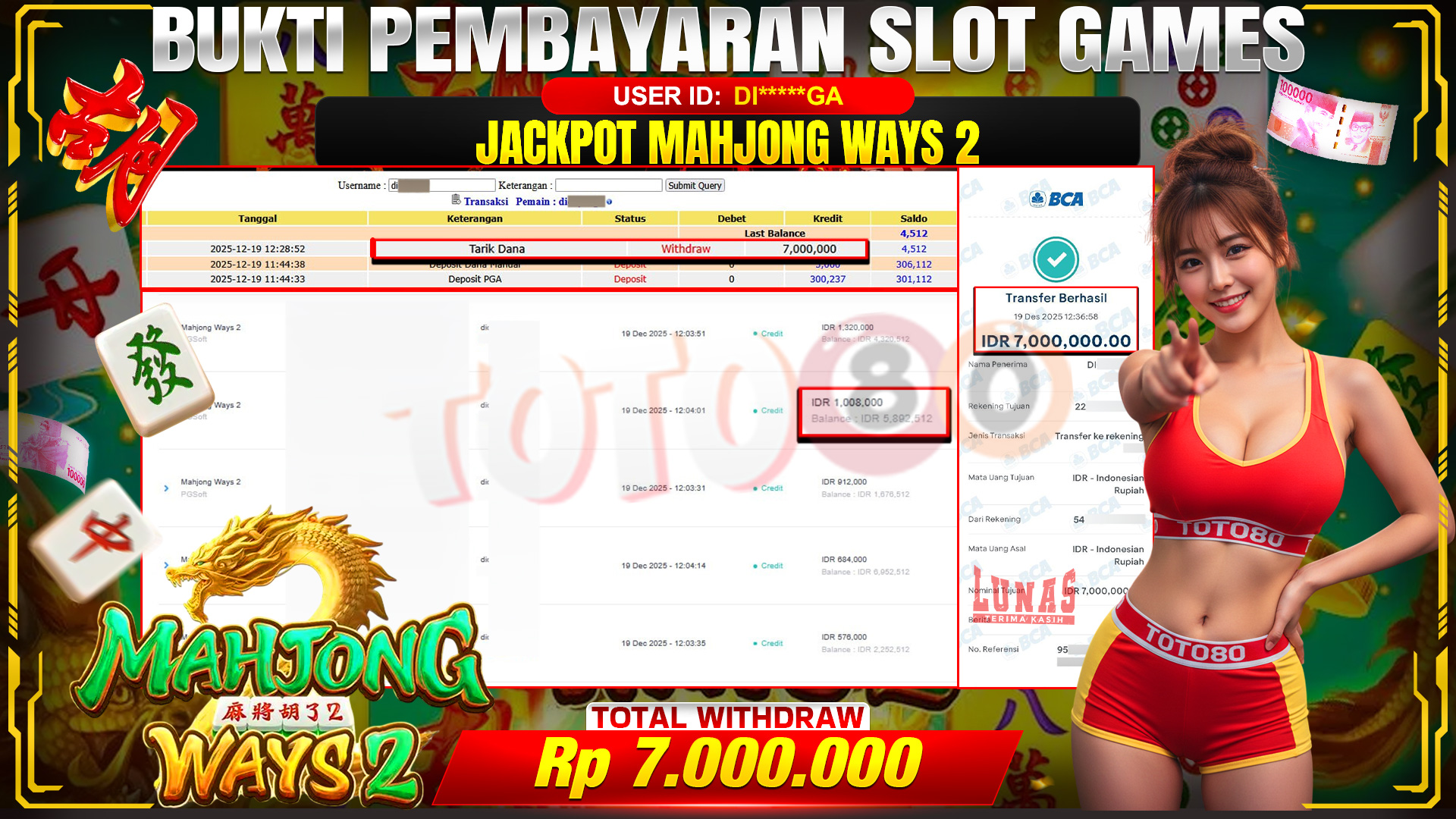 🎉 TOTO80 – JACKPOT SLOT MAHJONG WAYS 2 RP. 7,000,000,- TELAH DIBAYARKAN! 🎉