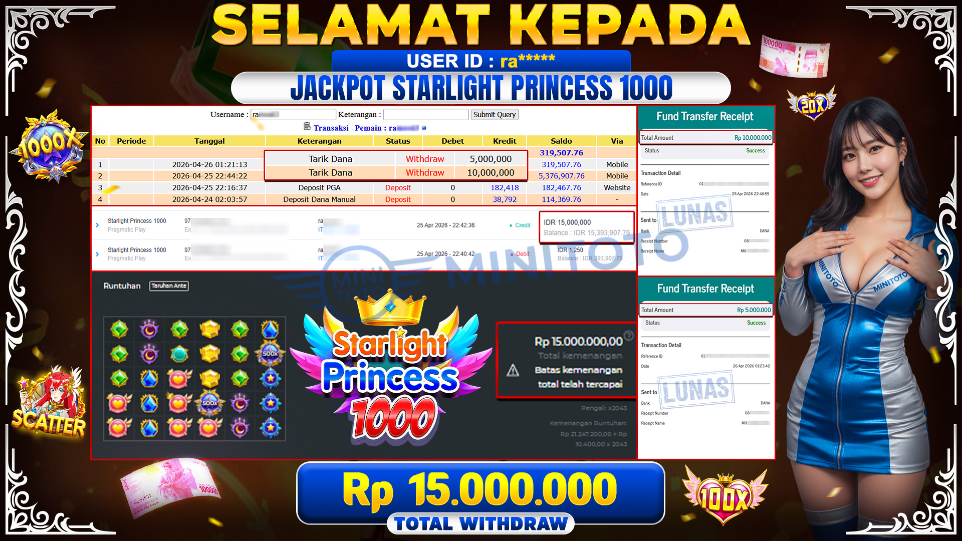 BUKTI JACPOT Starlight Princess 1000 - Pragmatic Play