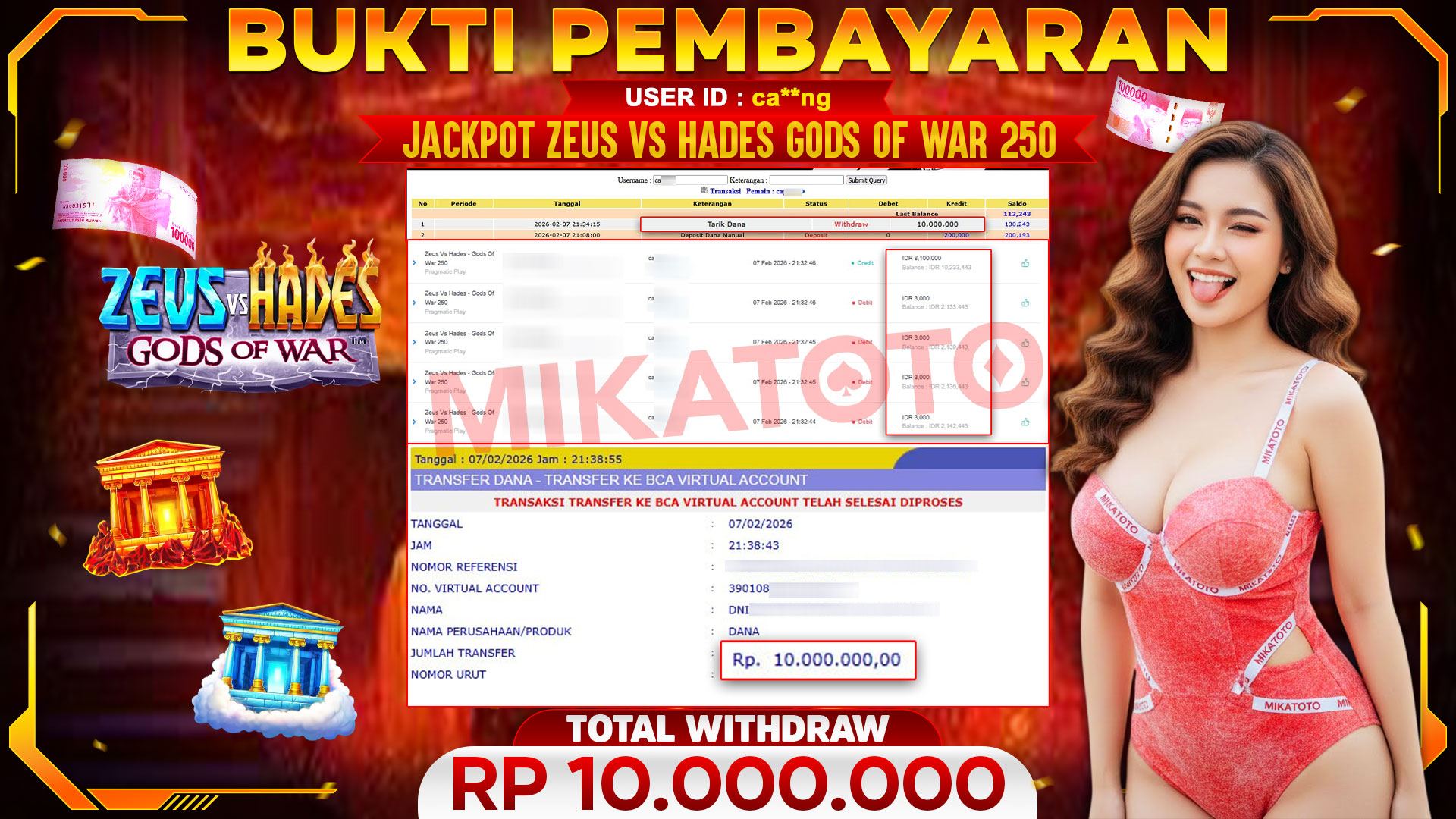 🏆 SELAMAT KEPADA PEMENANG JACKPOT DI Zeus Vs Hades - Gods Of War 250 - Pragmatic Play 10,000,000🏆
