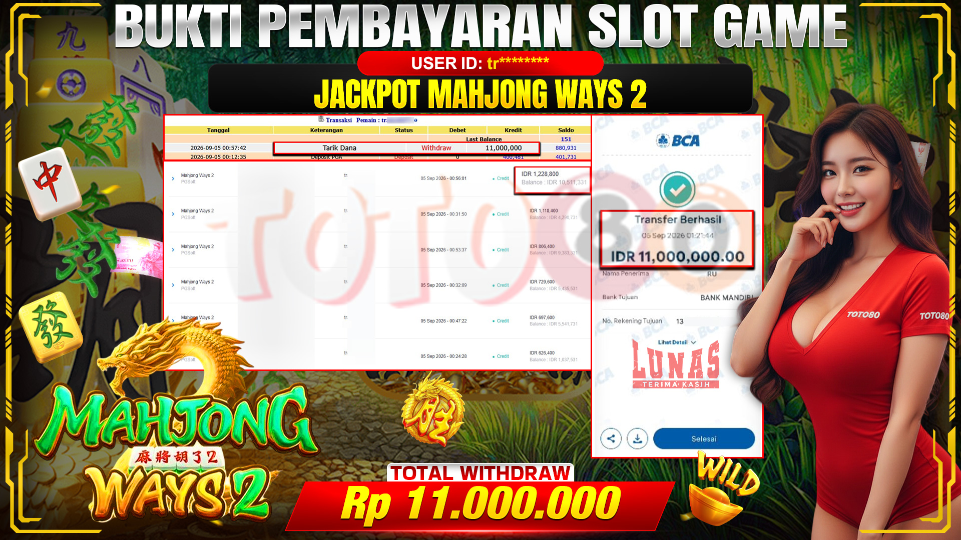 💰🎉 TOTO80 – JACKPOT SLOT MAHJONG  WAYS 2 RP. 11,000,000,-  TELAH DIBAYARKAN!💰🎉