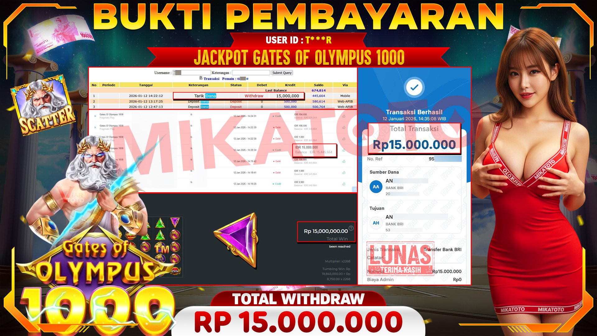 🏆 SELAMAT KEPADA PEMENANG JACKPOT DI Gates Of Olympus 1000 - Pragmatic Play 15,000,000🏆