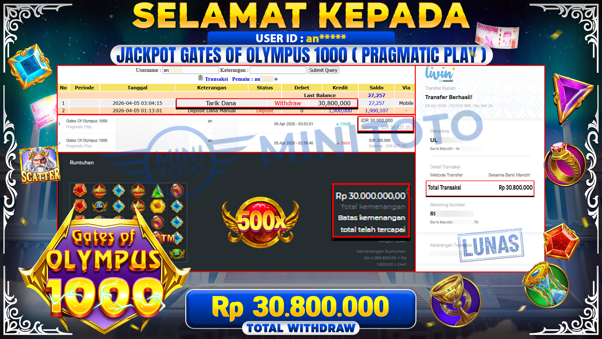 BUKTI JACPOT Gates Of Olympus 1000 - Pragmatic Play