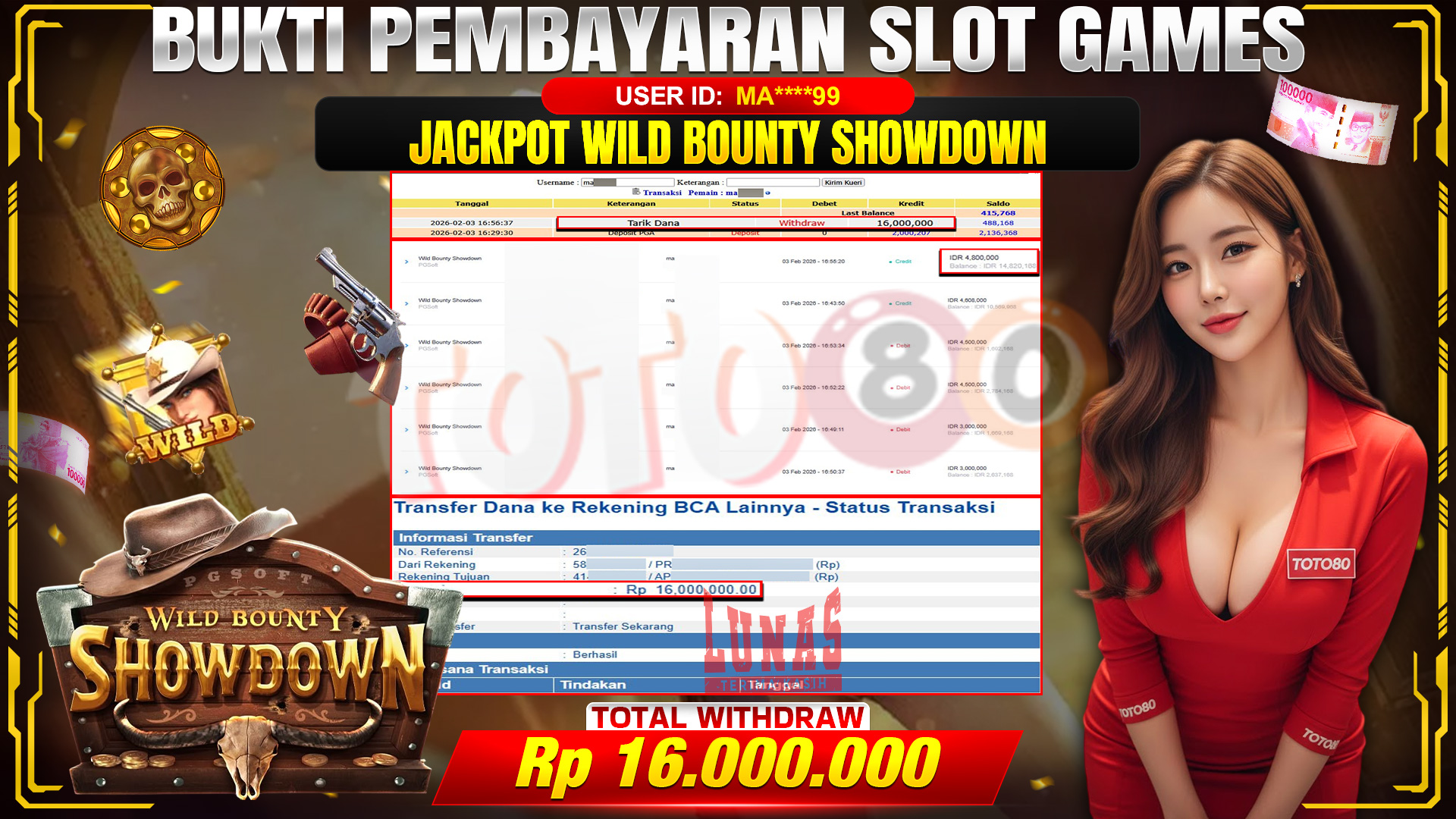 🎉 TOTO80 – JACKPOT SLOT WILD BOUNTY SHOWDOWN RP. 16,000,000,- TELAH DIBAYARKAN! 🎉