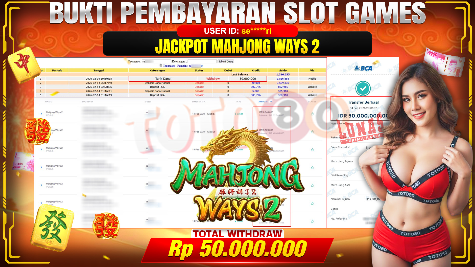 🎉 TOTO80 – JACKPOT SLOT MAHJONG WAYS 2. 50,000,000,- TELAH DIBAYARKAN! 🎉